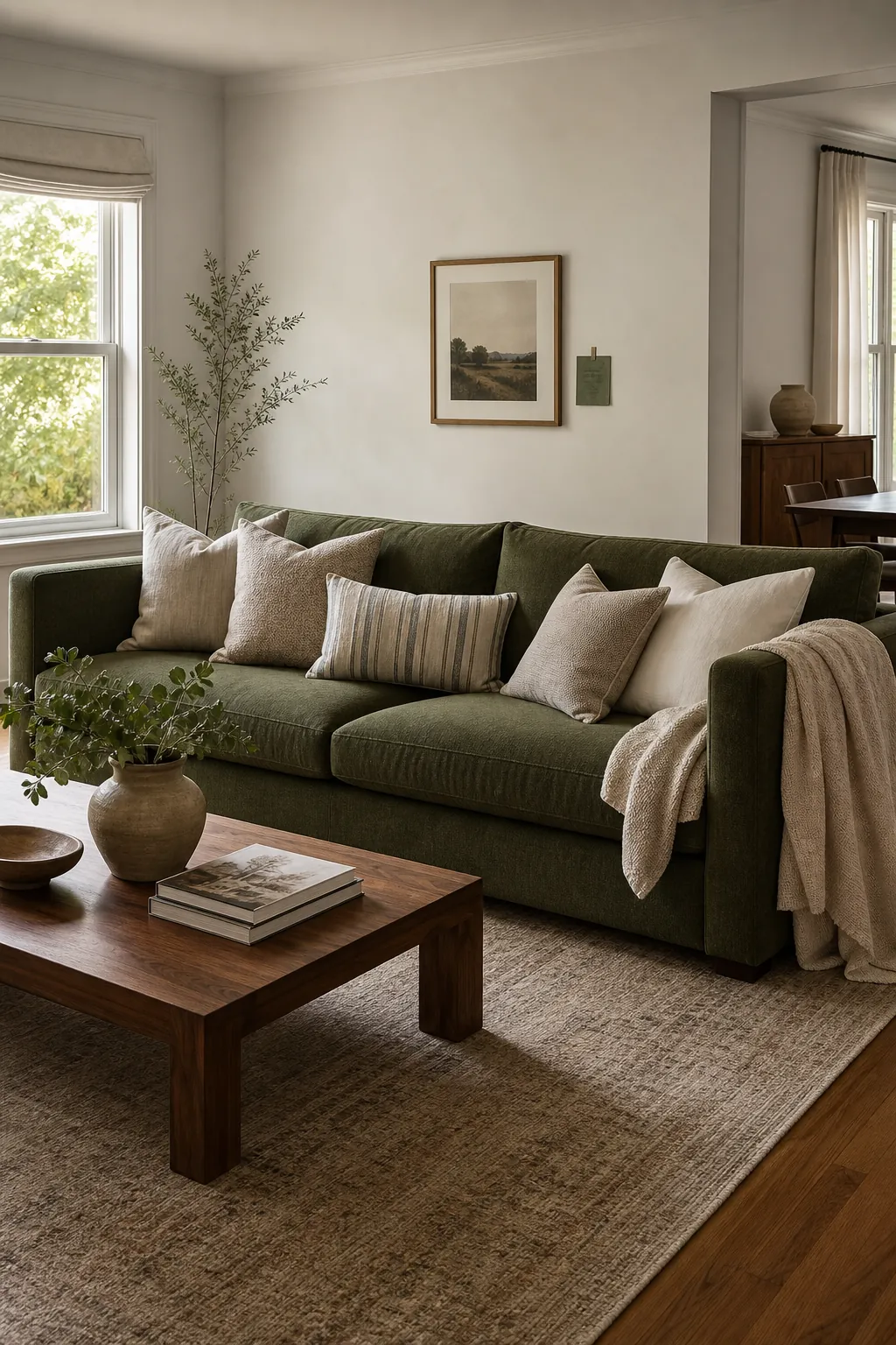 Green sofa styled with neutral pillows and a large area rug in a calm living room