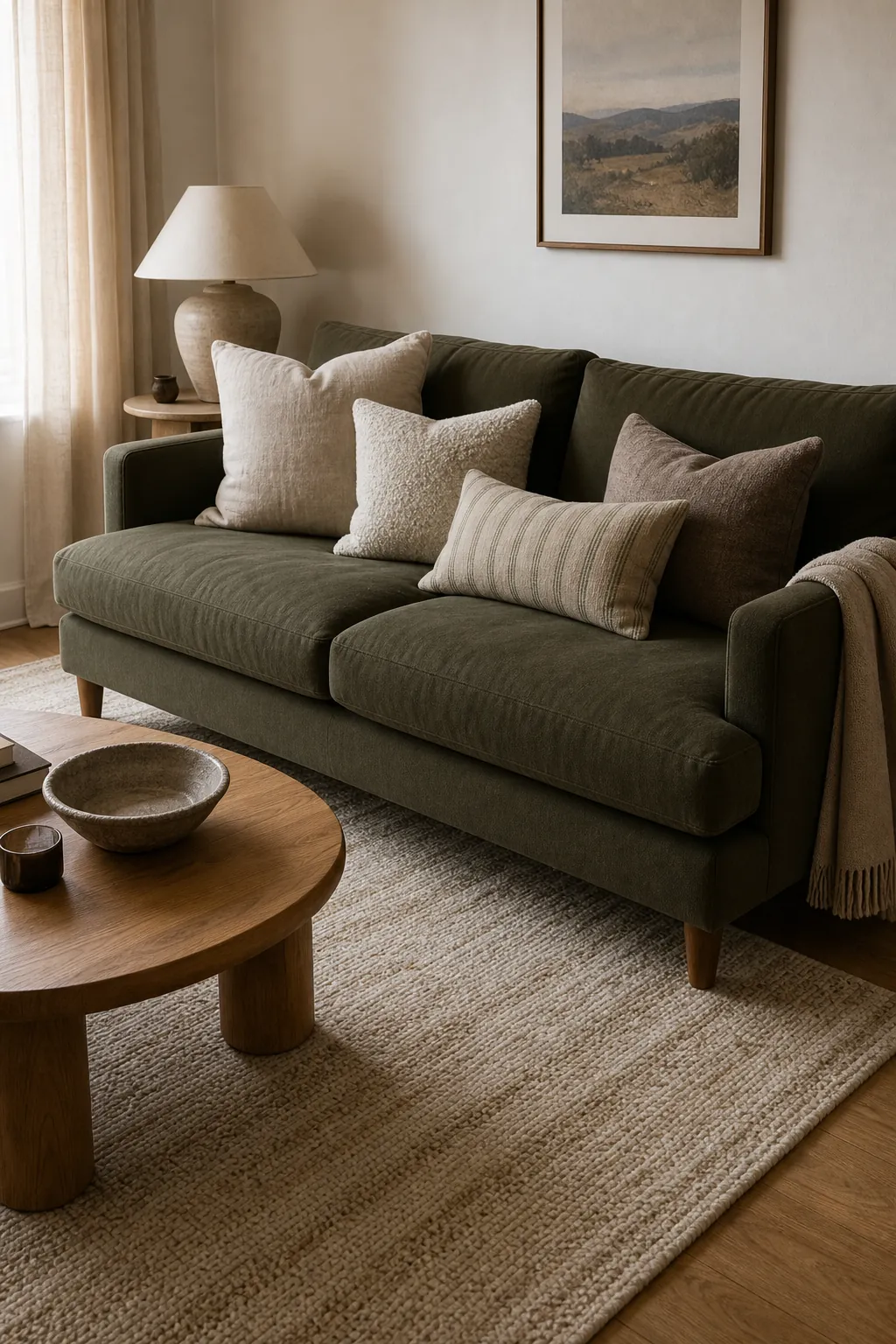Olive green sofa styled with warm neutral pillows and a textured rug