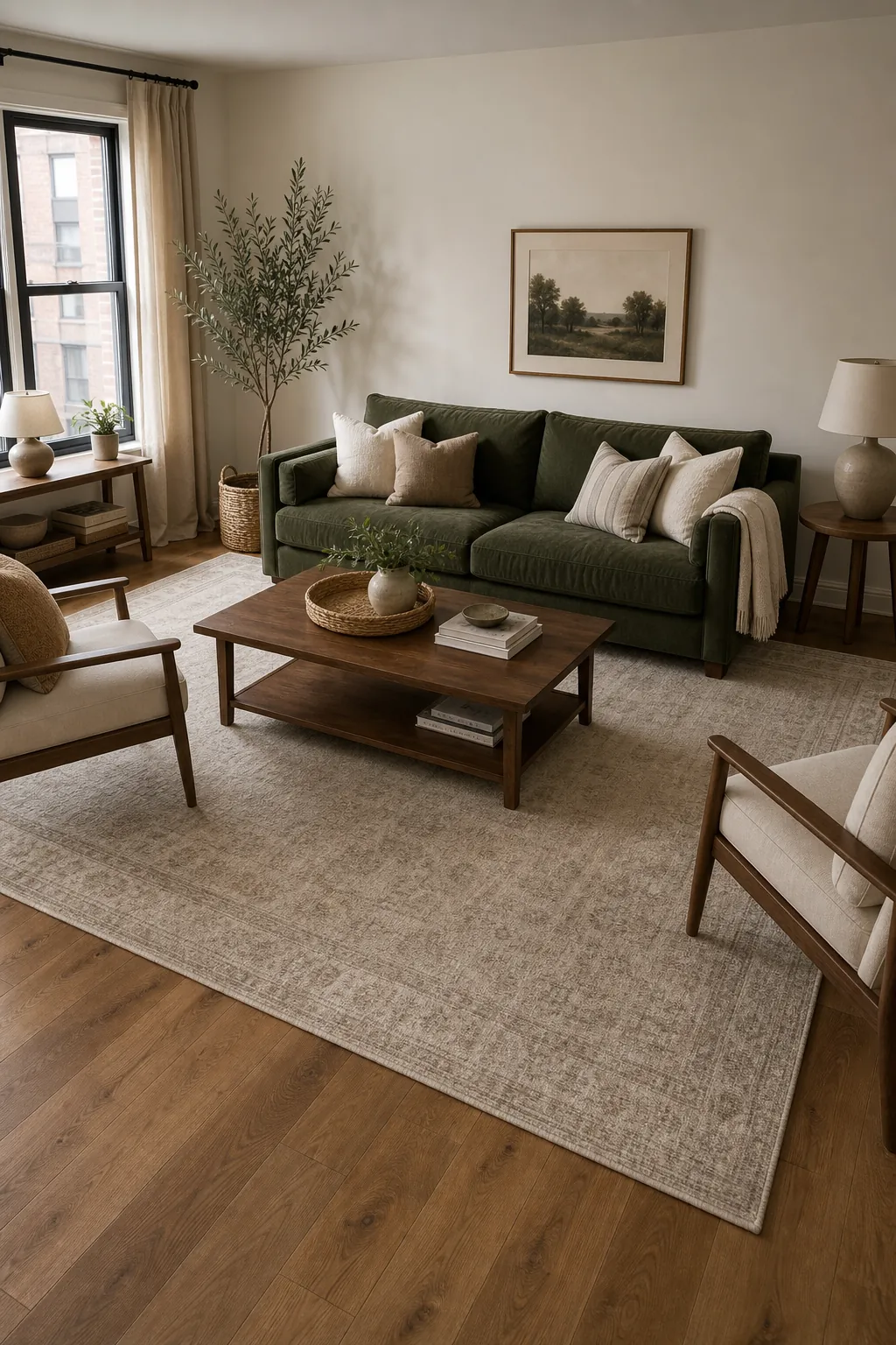 Green couch anchored by a large neutral area rug in a cozy living room