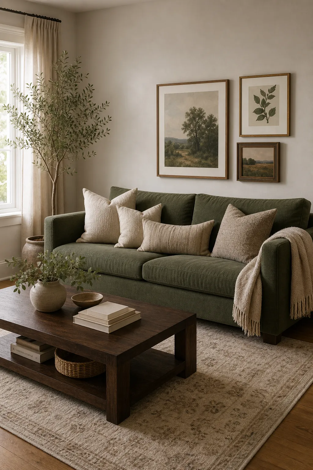 Green sofa balanced by wall art plants and a neutral rug