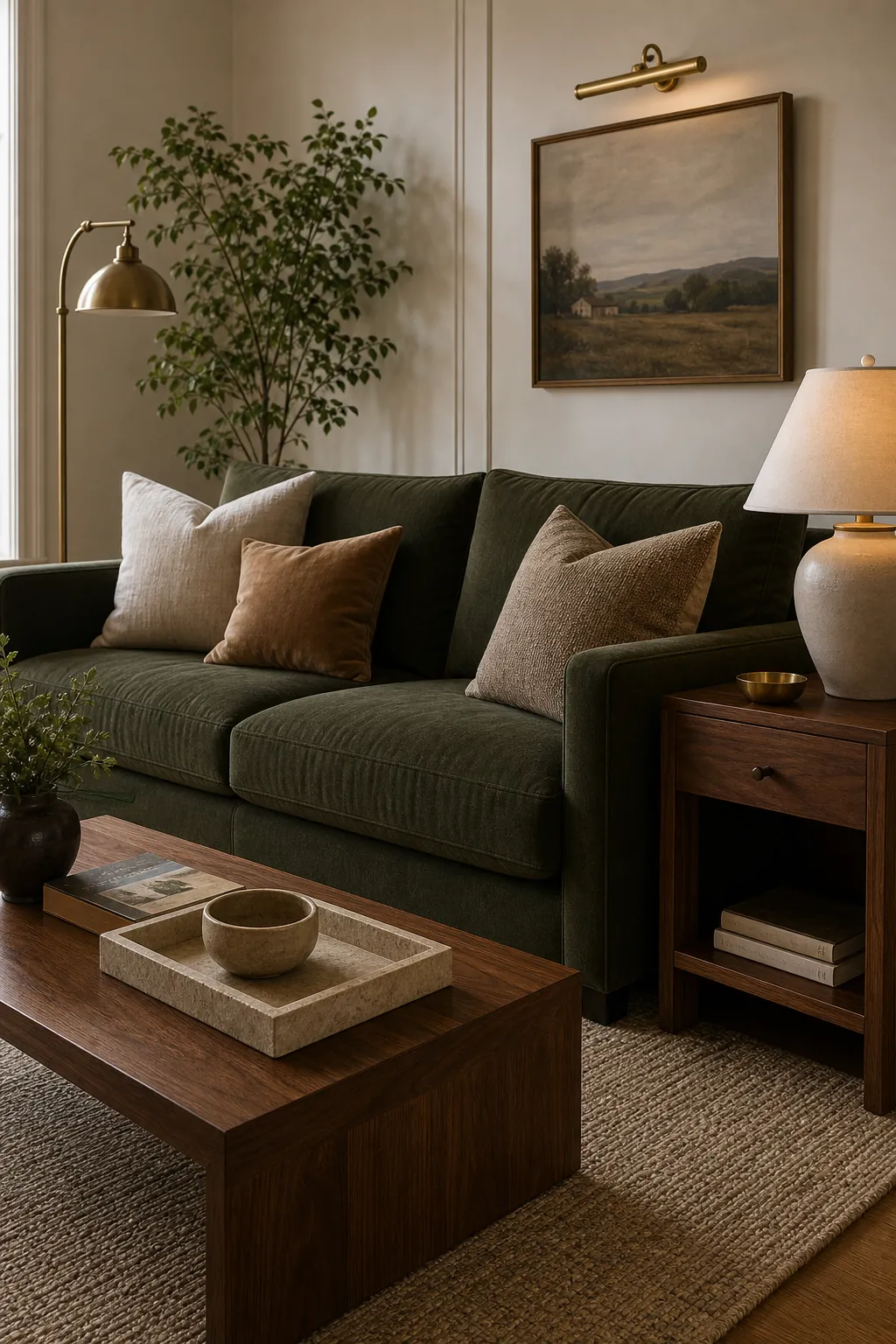 Green sofa styled with walnut wood brass accents and neutral decor