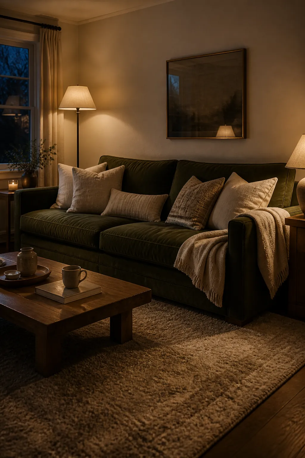Cozy green sofa with neutral pillows warm lighting and a soft area rug