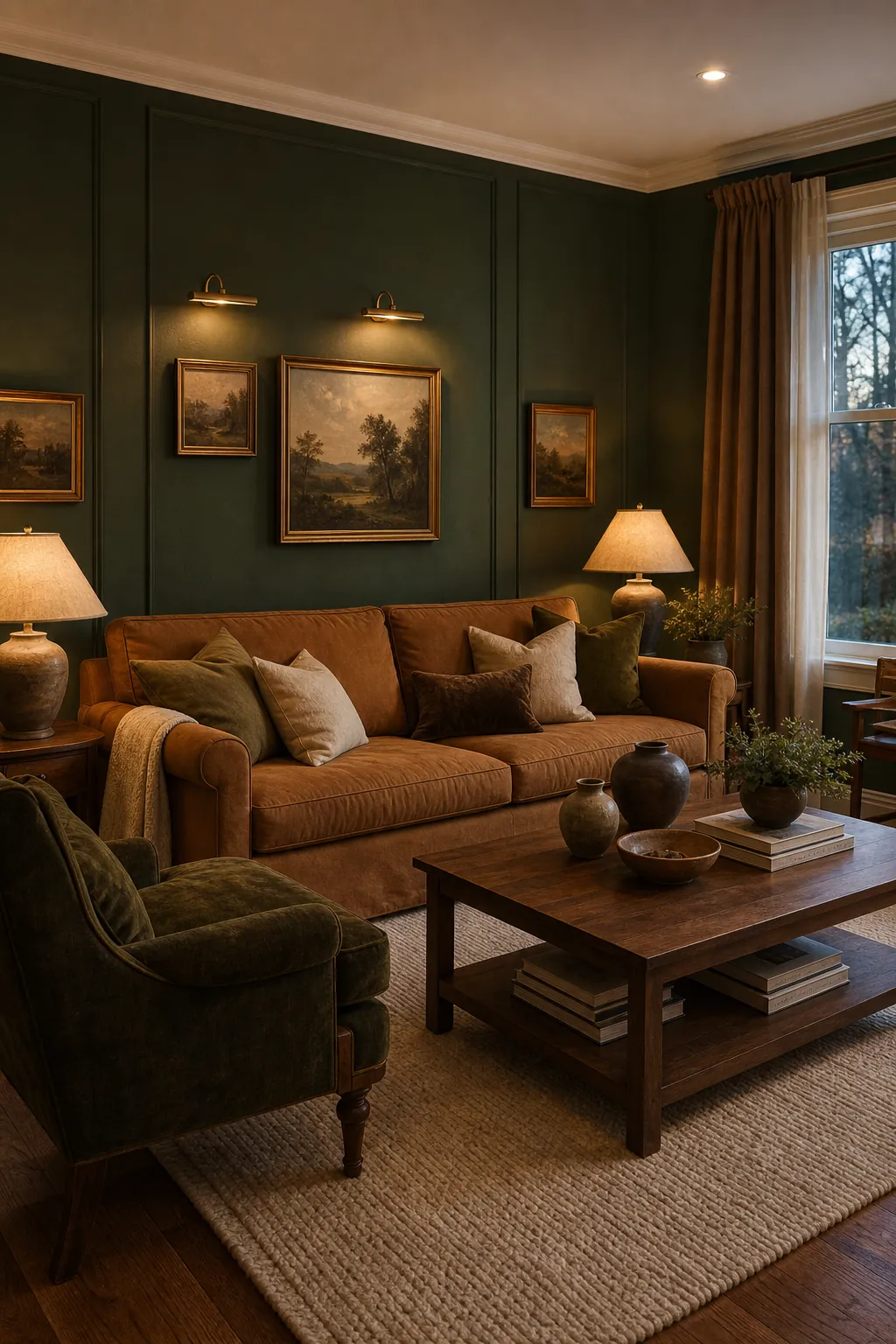 Cozy dark green living room with warm lighting wood accents and layered textiles