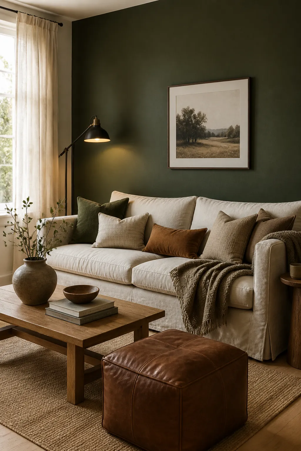 Dark green living room accent wall with cream sofa and warm wood accents