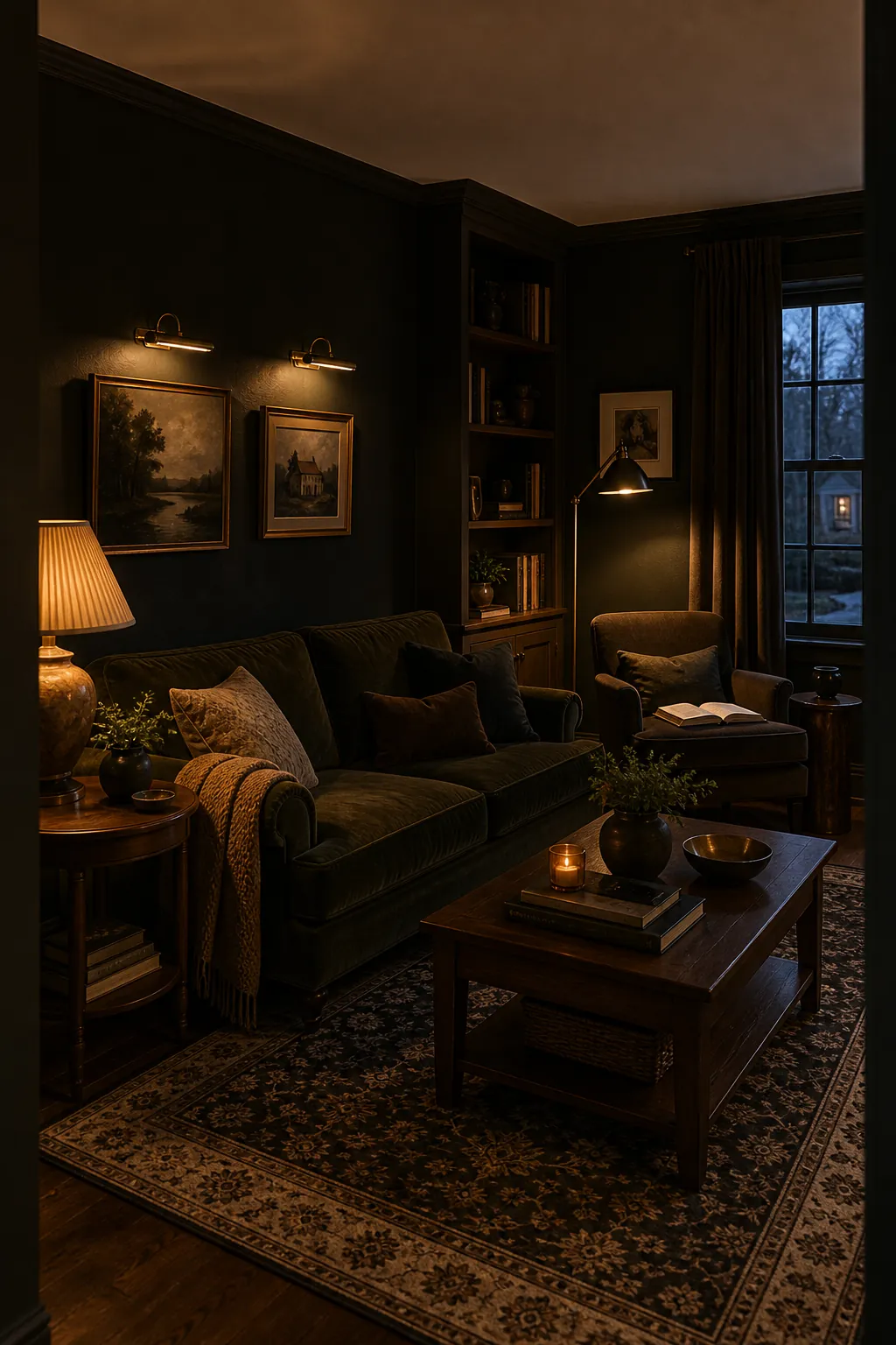 Moody dark green living room with layered warm lighting and walnut shelves