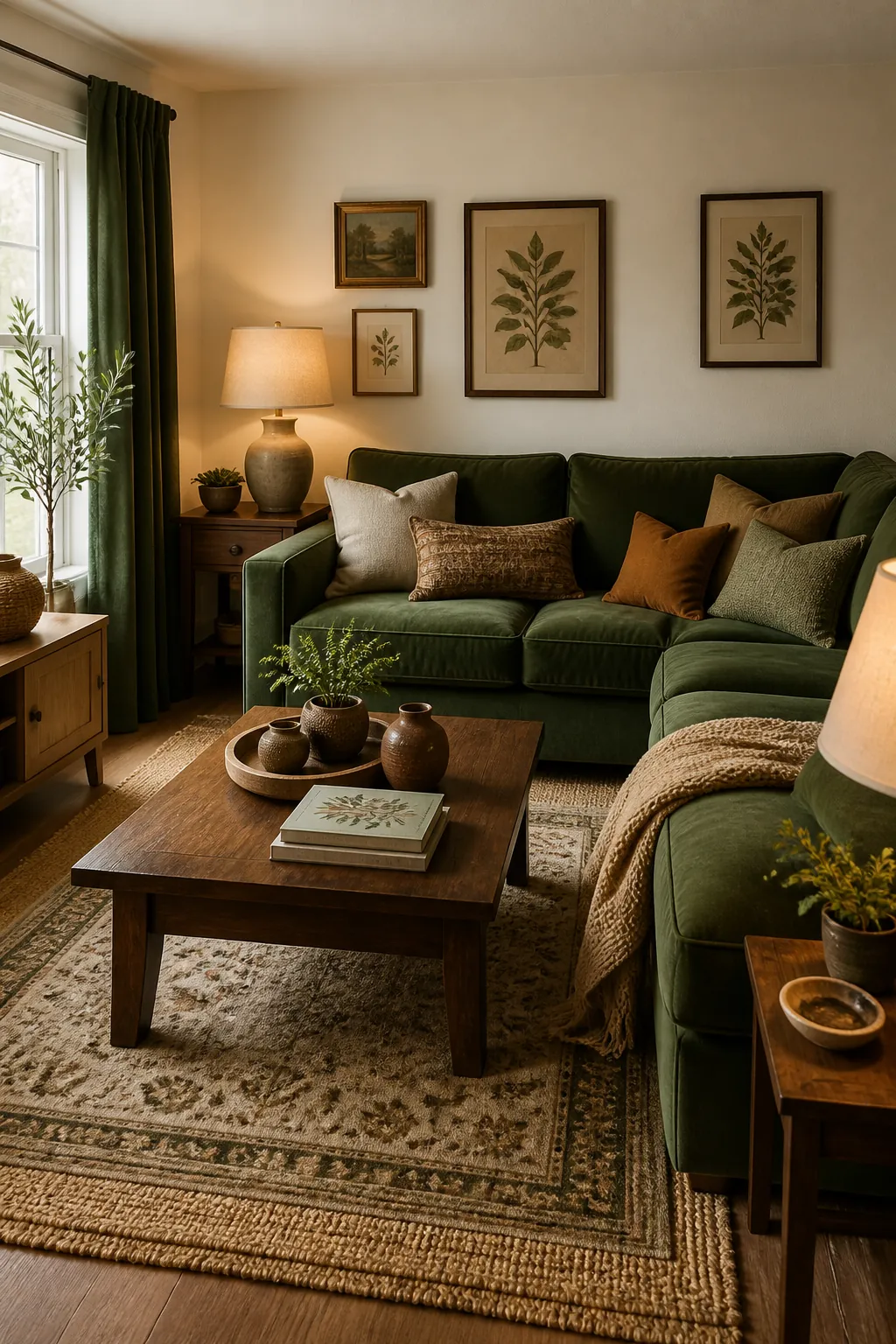 Dark green velvet sofa in a cozy living room with neutral walls and earthy decor