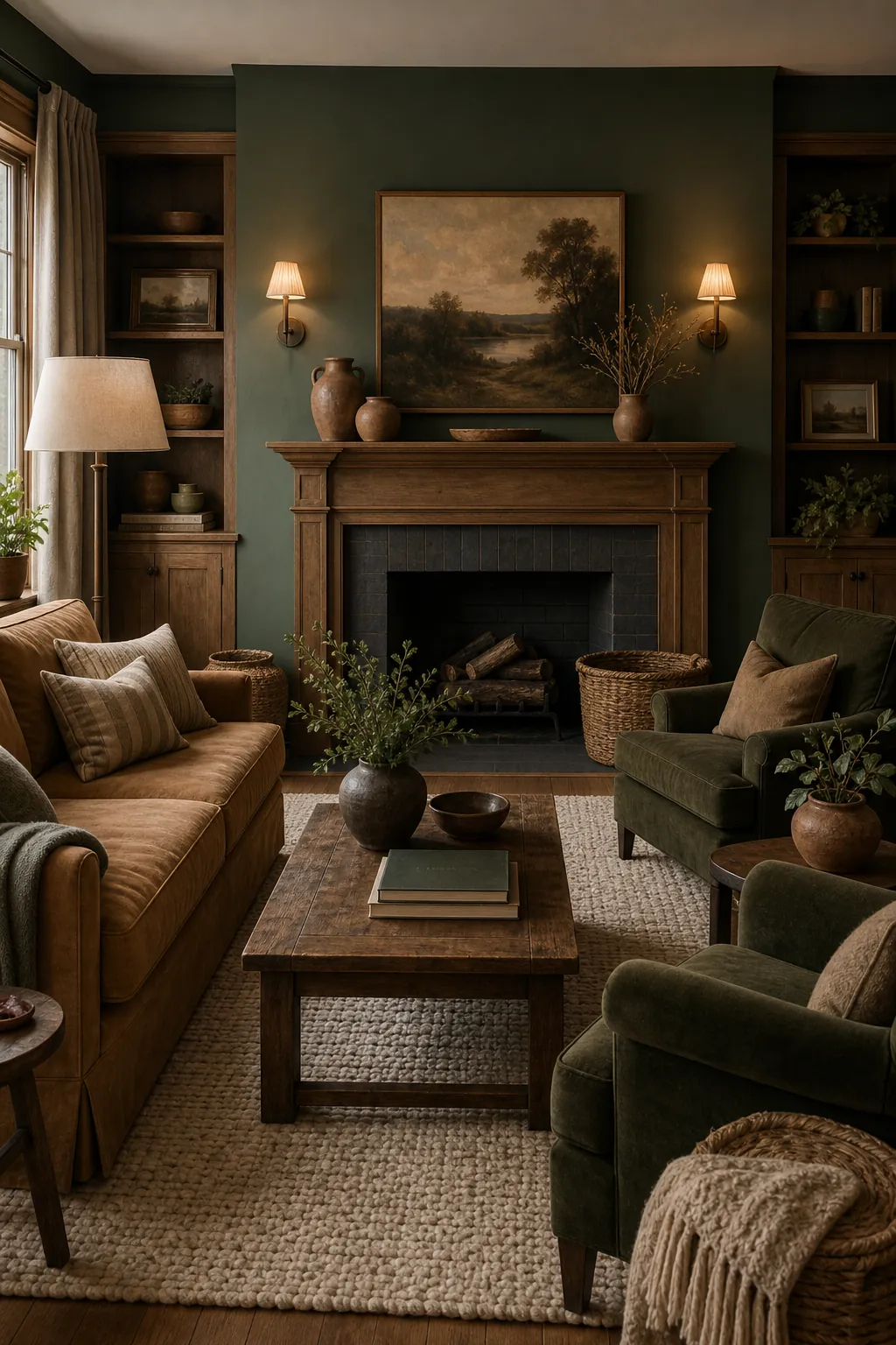 Earthy dark green living room with wood fireplace wall warm lighting and natural decor