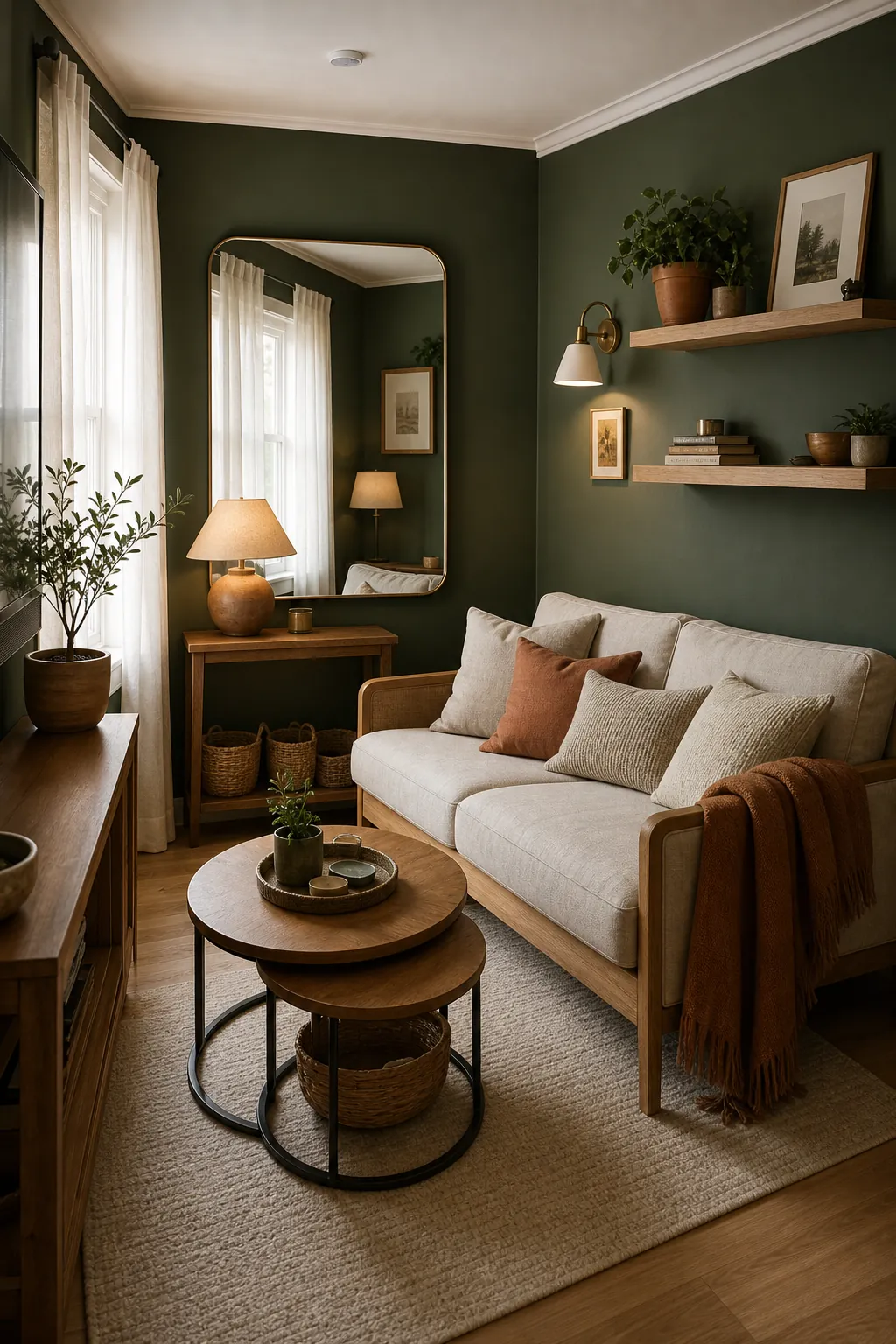 Small apartment living room with dark green walls light sofa mirror and warm wood accents