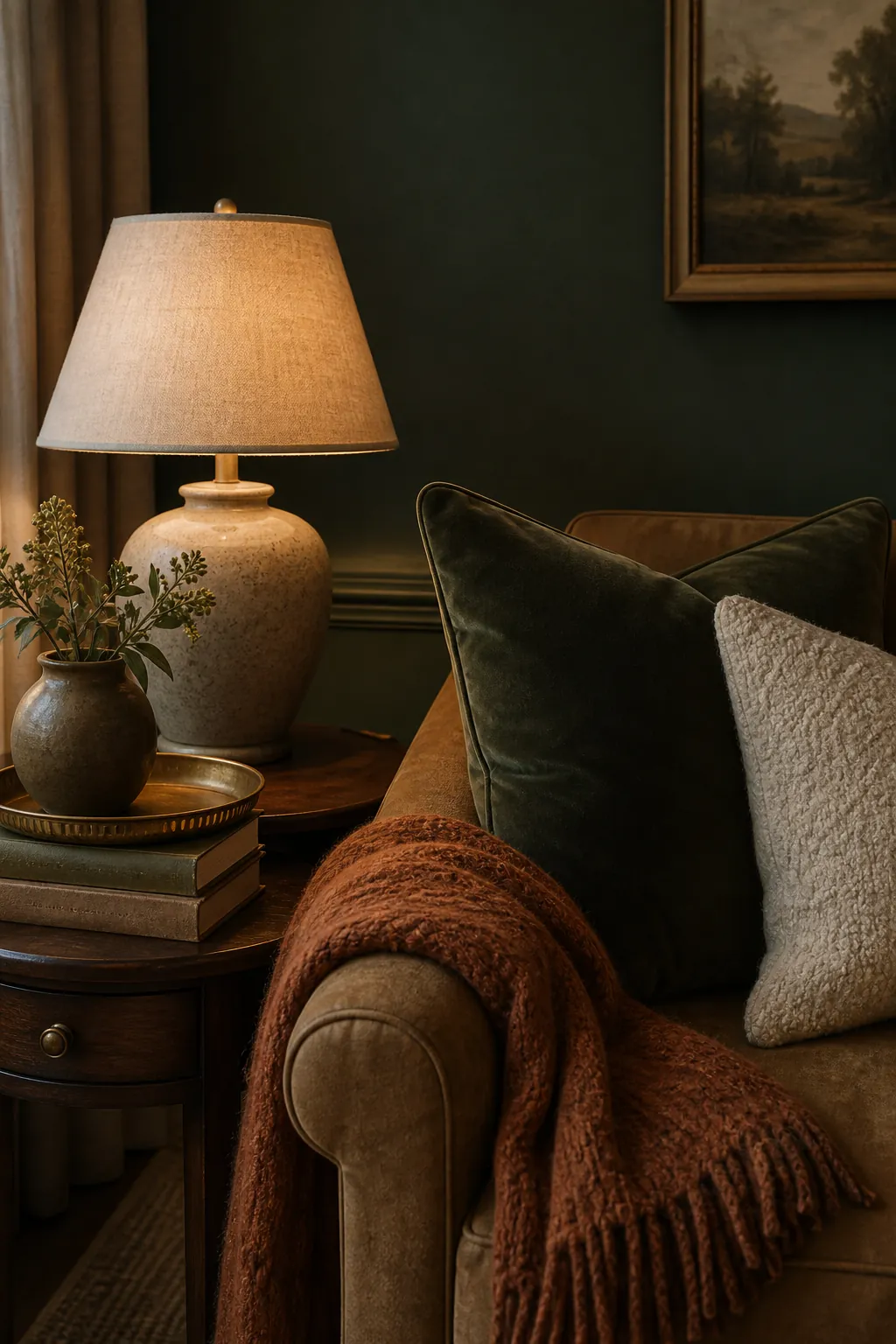 Dark green velvet decor with wool throw ceramic lamp and warm living room styling