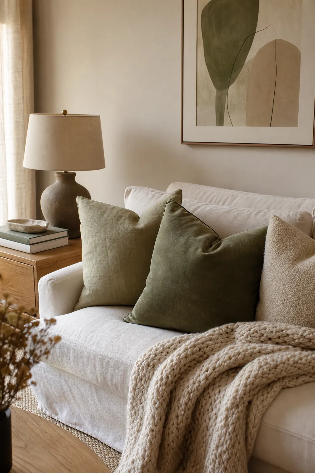 Neutral sofa styled with sage green pillows, oatmeal cushions, and soft textured throws