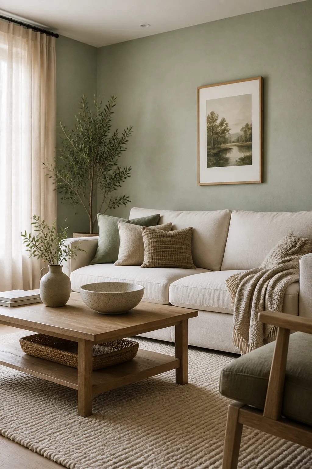 Calm living room with soft sage green walls, ivory sofa, oak table, and neutral accents