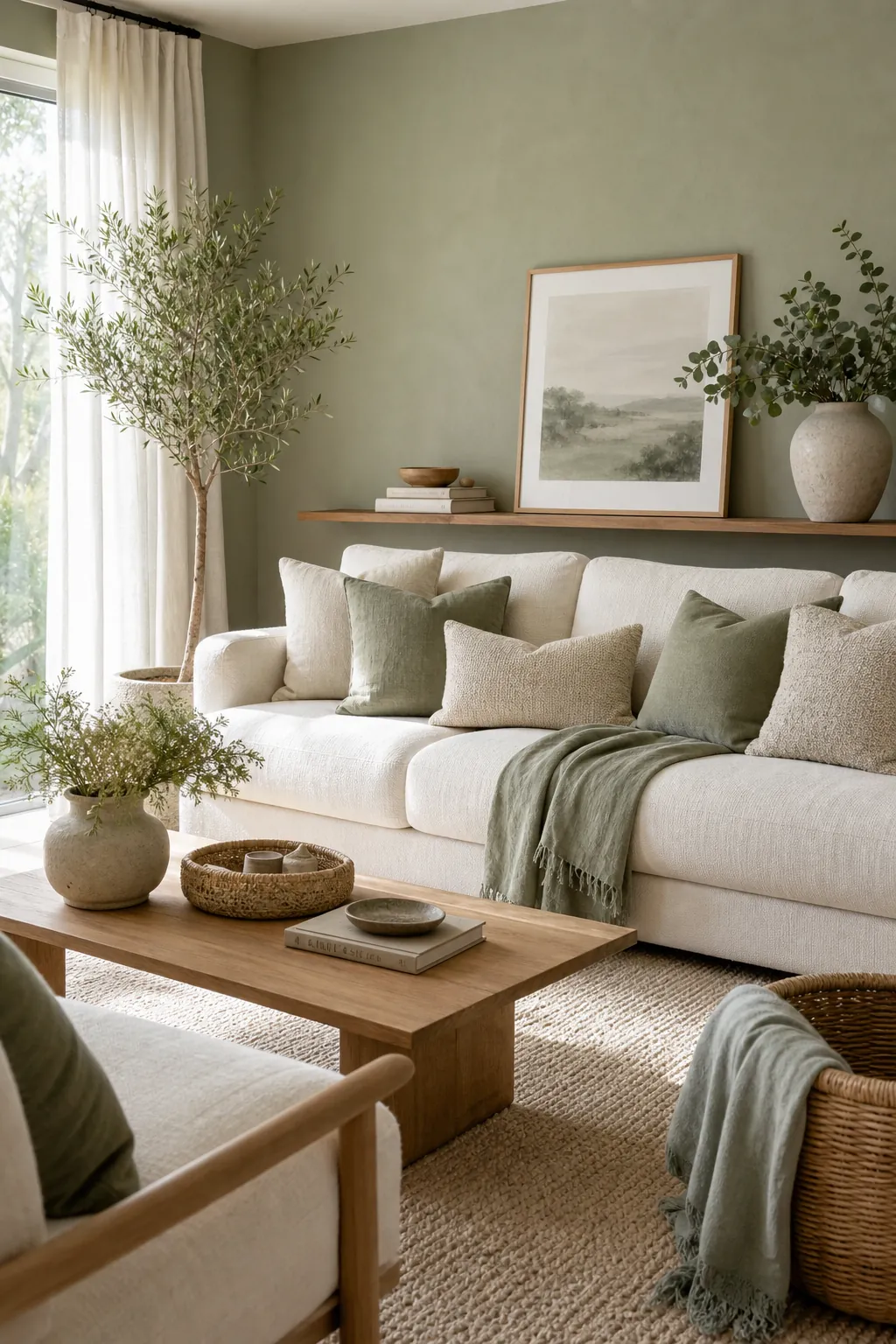 Soft green calm living room with ivory sofa, natural textures, sage accents, and warm neutral decor