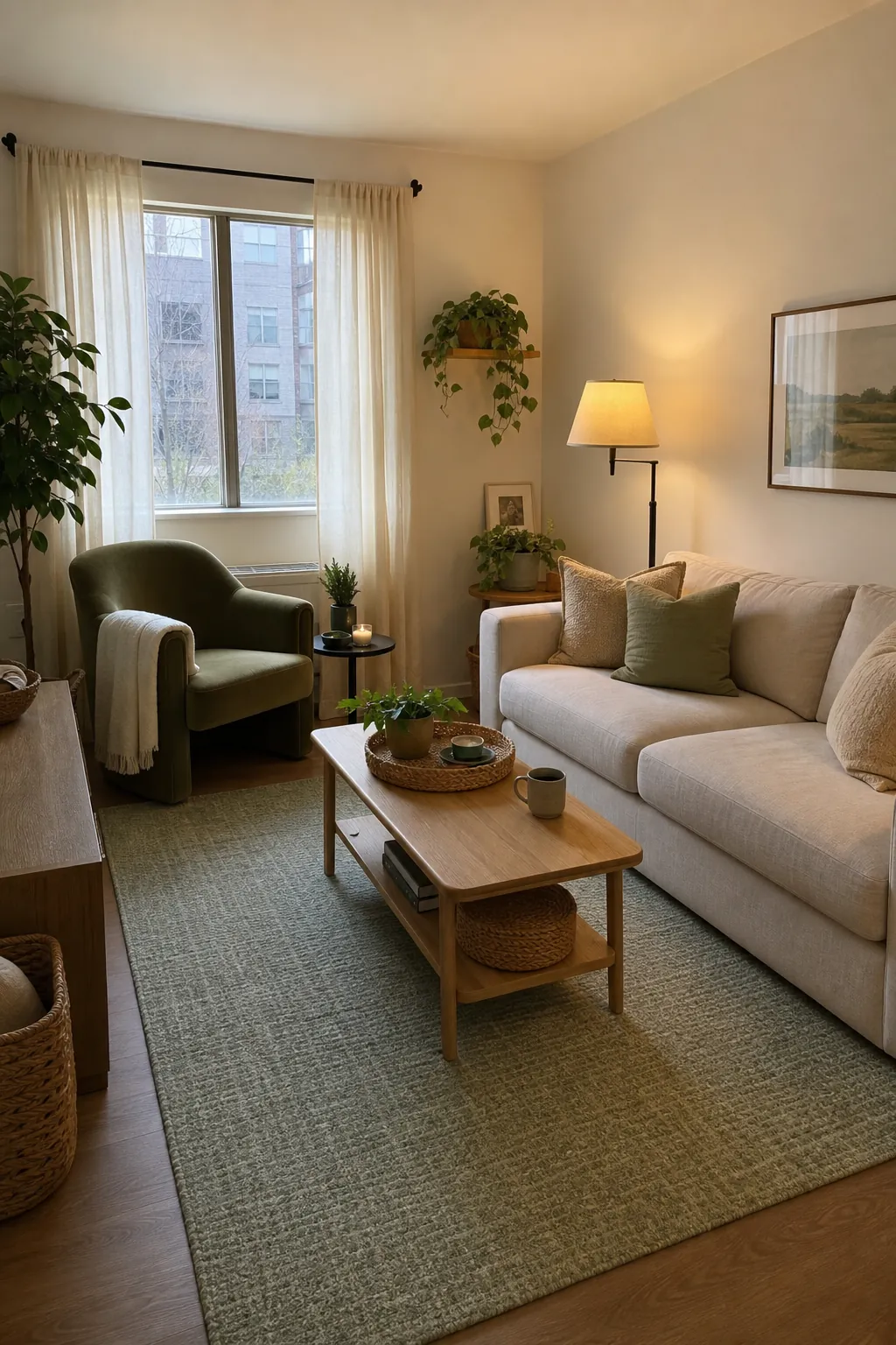 Small living room with a soft green rug, beige sofa, olive chair, and layered warm lighting