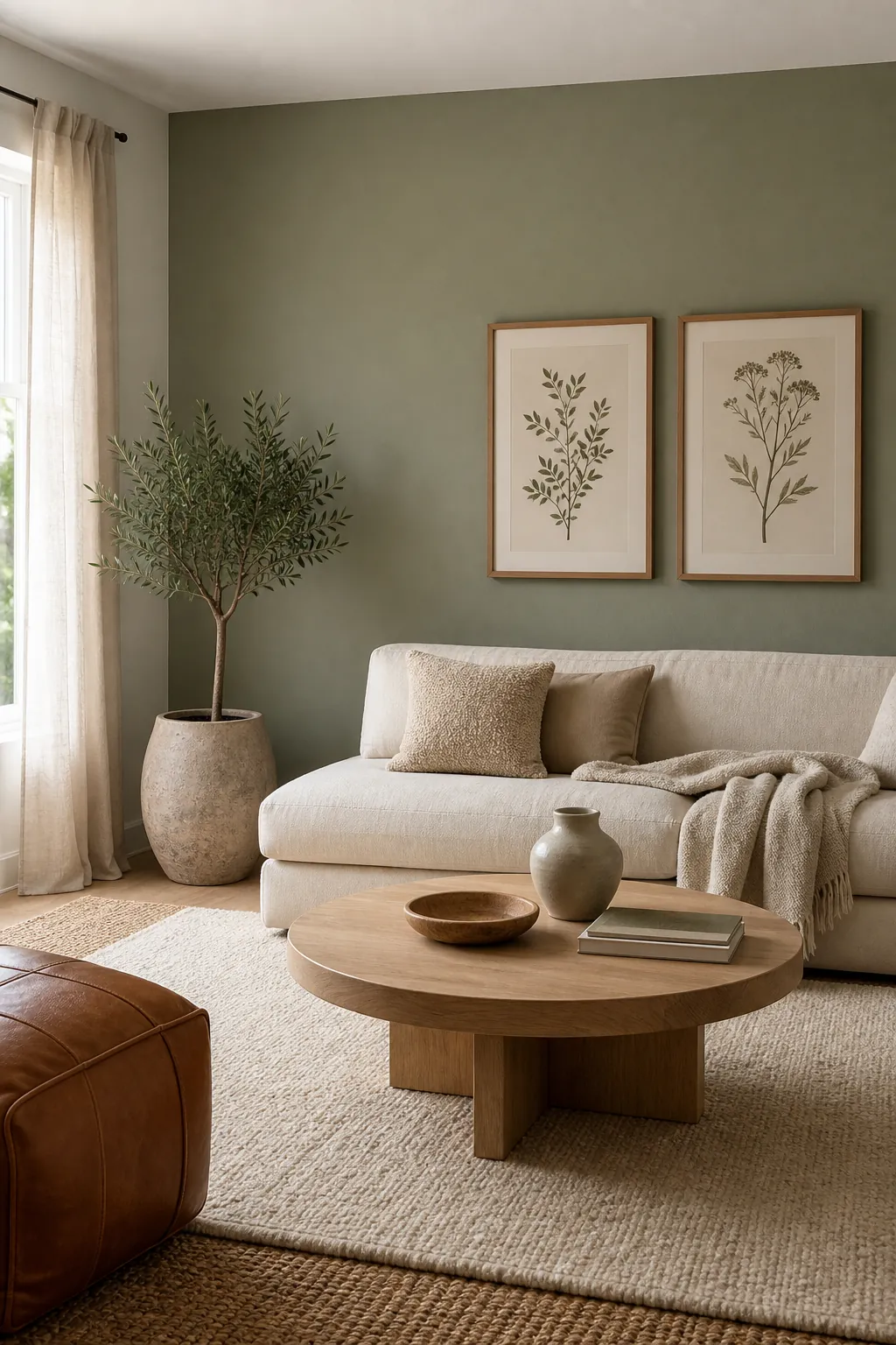 Sage green accent wall behind a cream sofa with jute rug, oak frames, and neutral decor