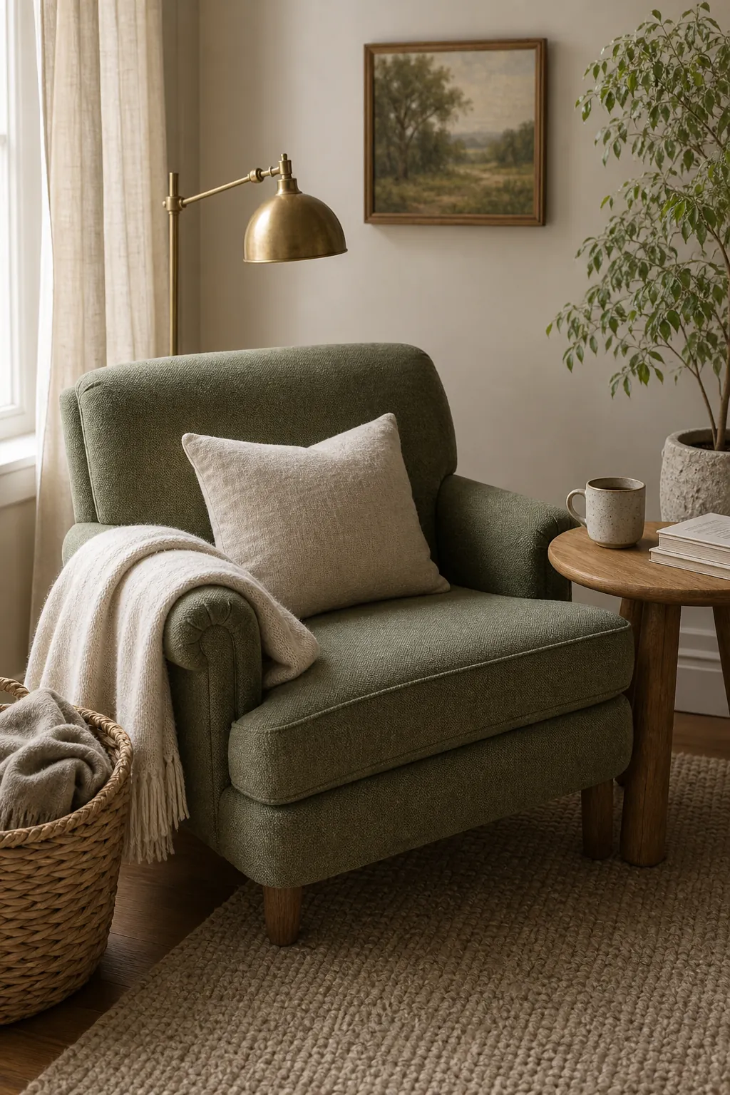 Cozy sage green reading corner with ivory throw, brass lamp, wool rug, and natural textures