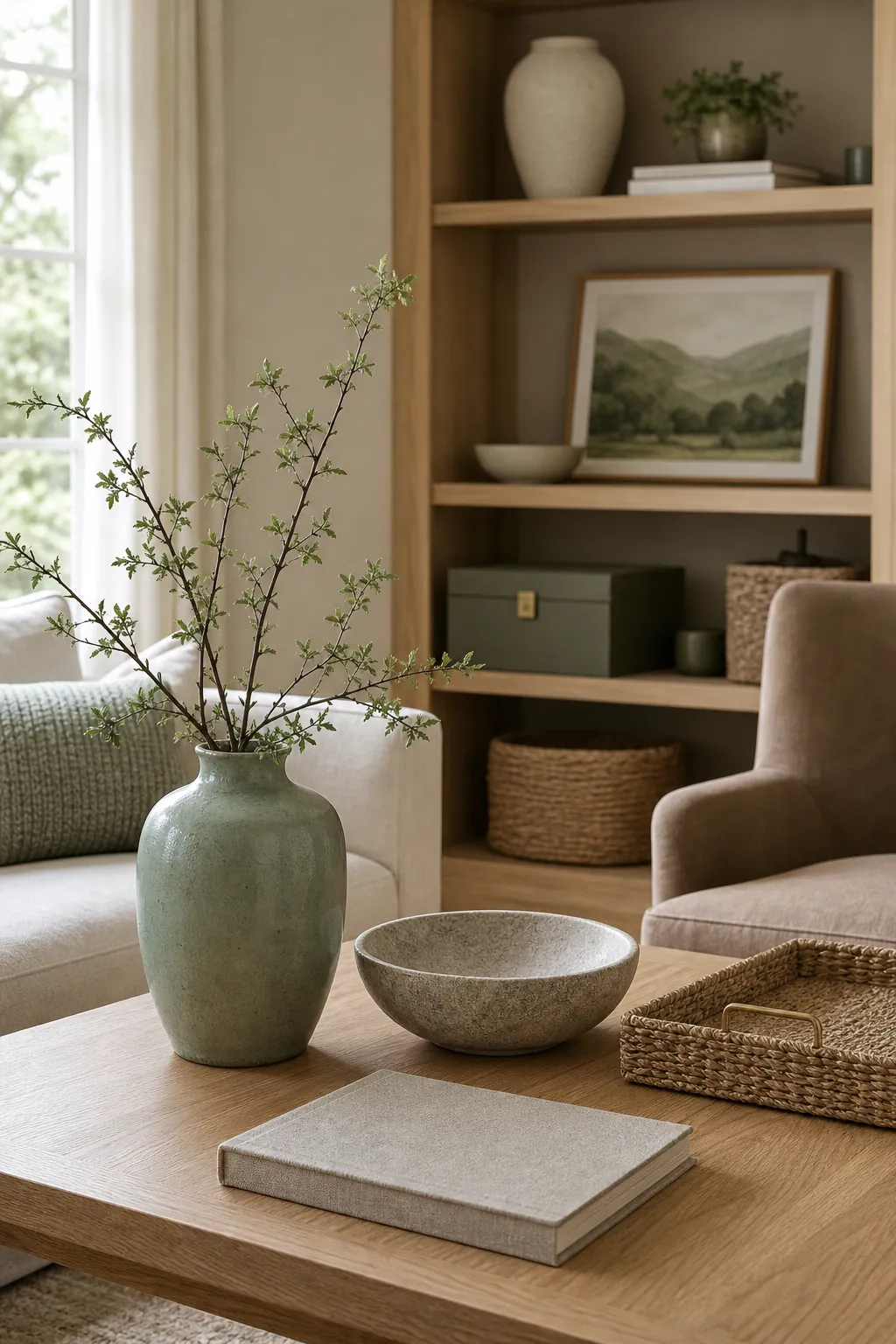 Soft green coffee table and shelf decor with sage ceramics, oak wood, woven baskets, and neutral accents