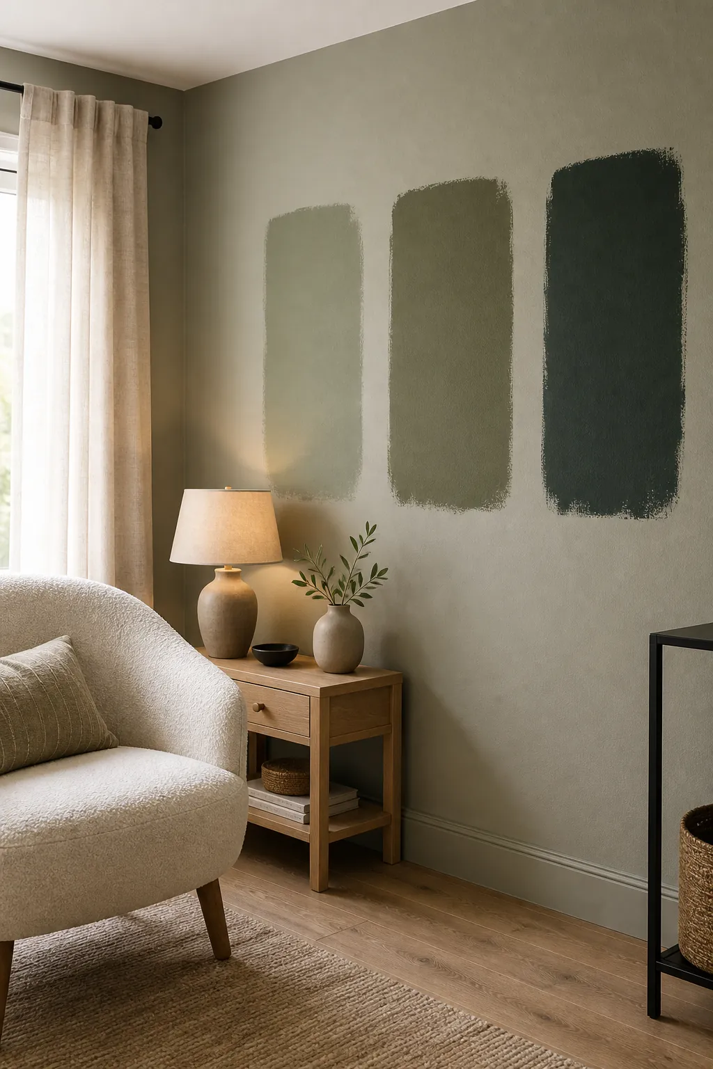 Green wall paint swatches tested beside cream furniture and soft lighting in a modern living room
