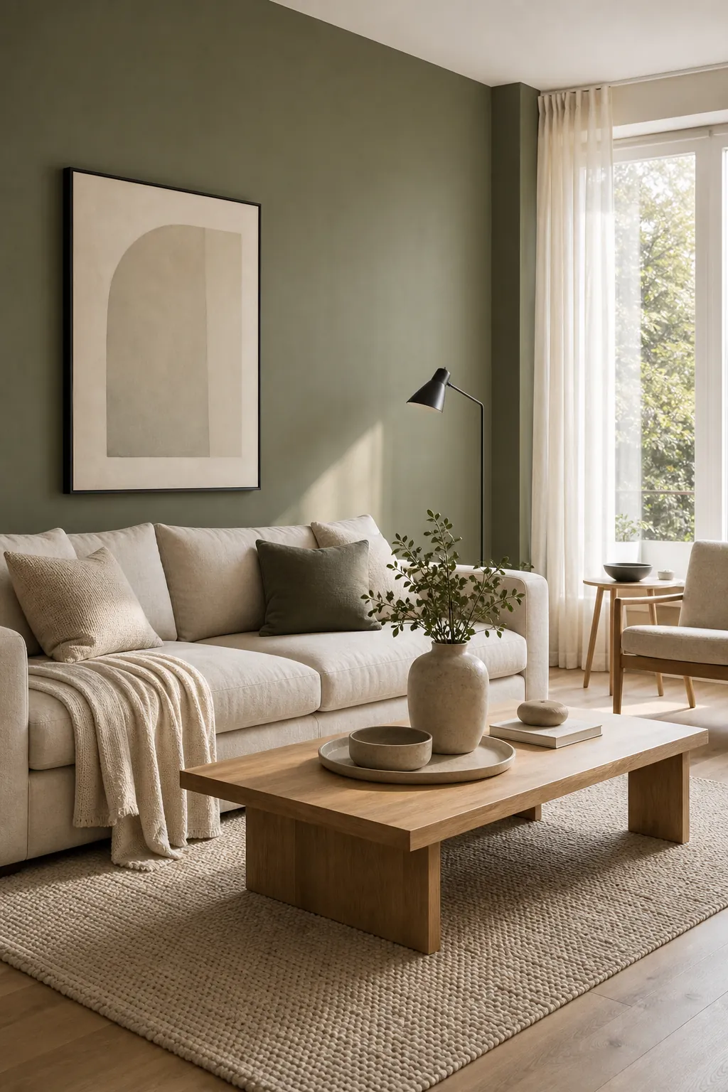 Modern green walls in a balanced living room with neutral accents and soft daylight