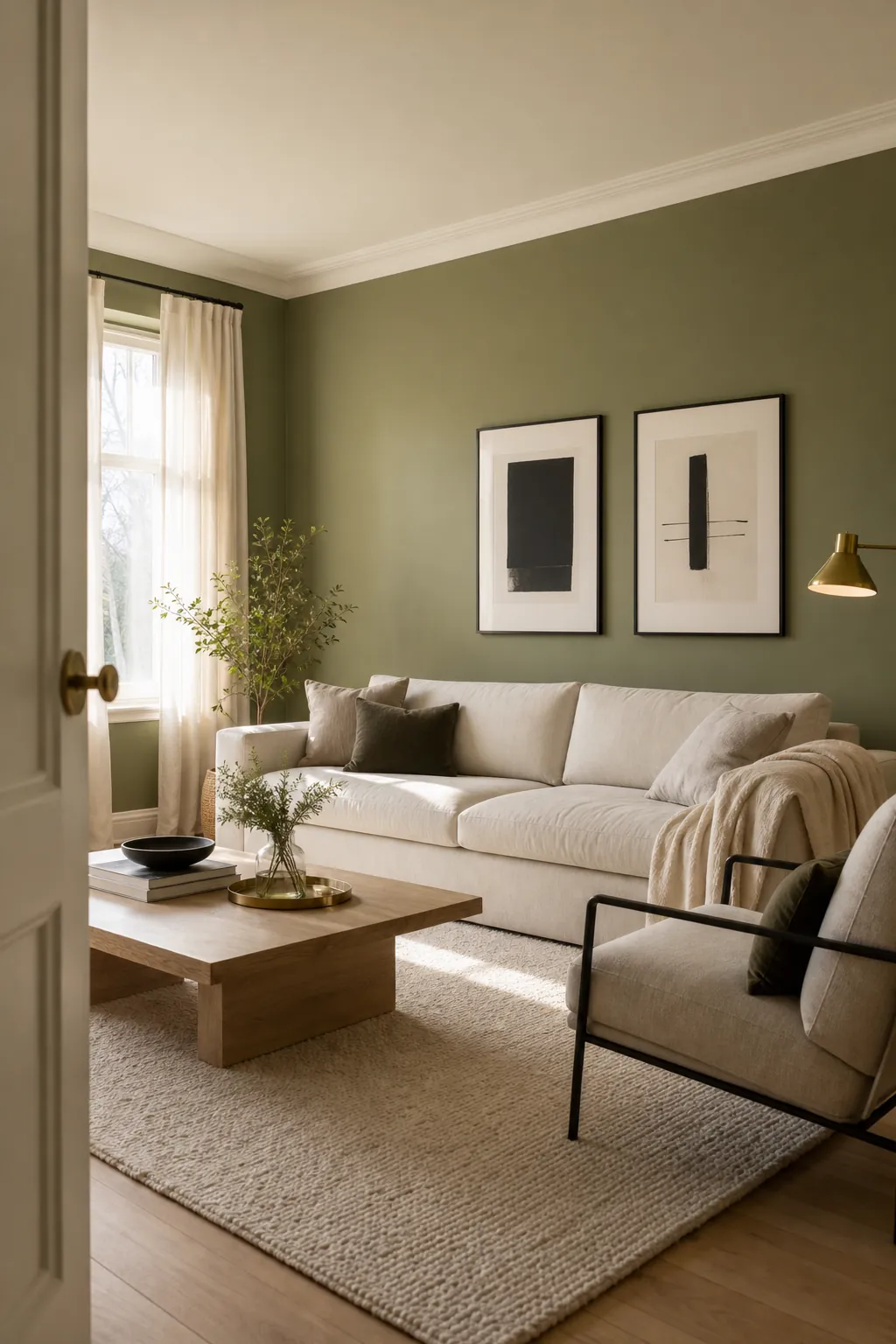 Modern living room with olive green walls, cream sofa, pale oak furniture, and neutral accents