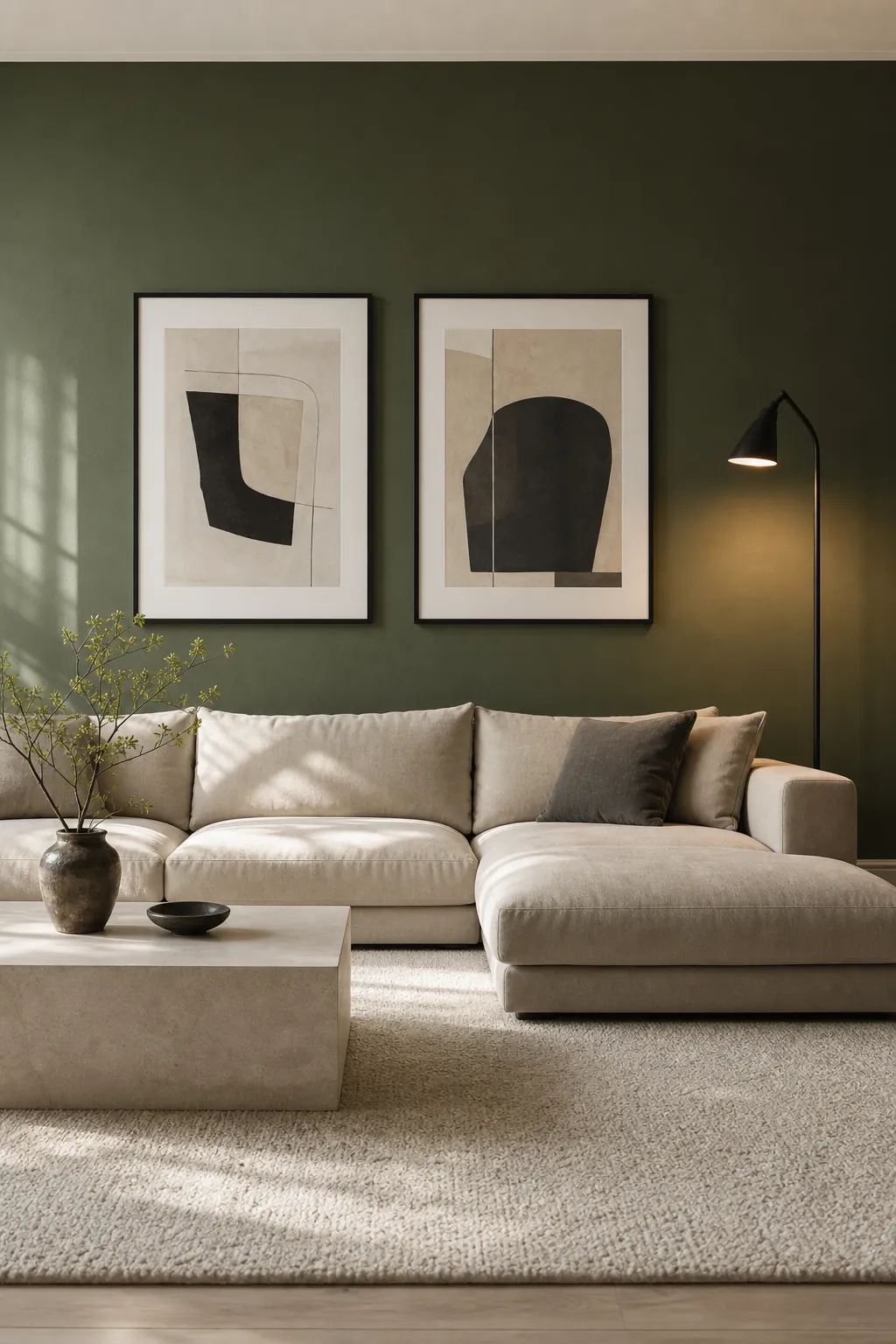 Deep green wall balanced by a neutral sofa, pale rug, modern art, and clean black accents