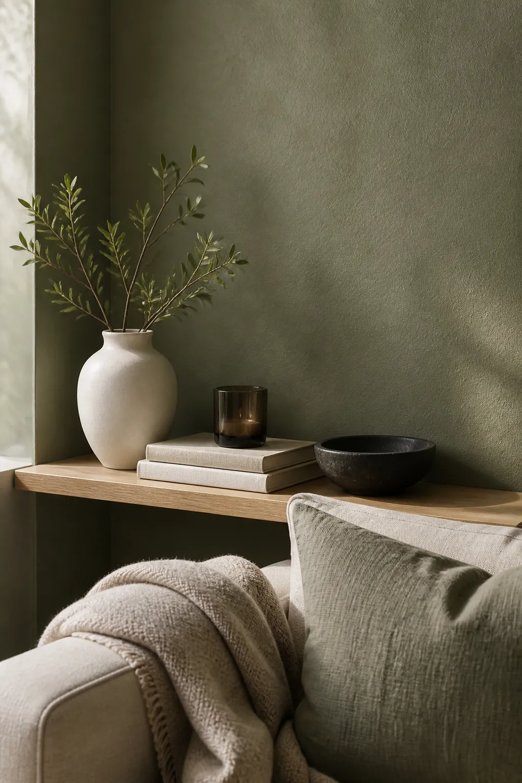 Green wall shelf styled with neutral ceramics, oak, glass, linen, and restrained modern decor