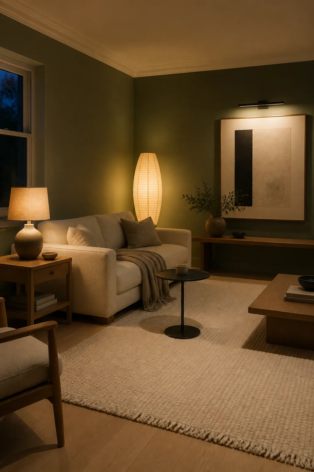 Moody green living room with layered soft lighting, cream textiles, and warm neutral accents