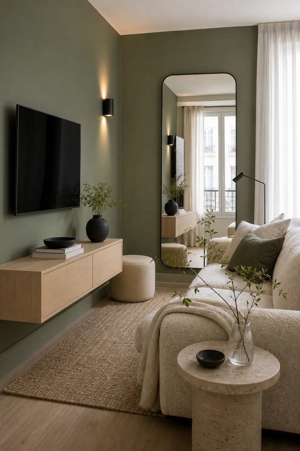 Moss green wall styled with a mirror, pale oak console, cream sofa, and neutral accents