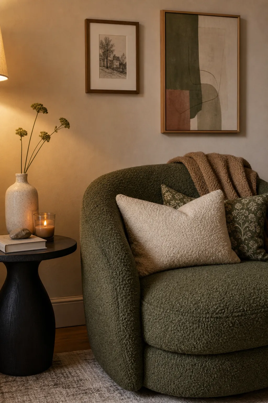 Moss green boucle accent chair styled with layered pillows, camel throw, side table decor, and muted green wall art