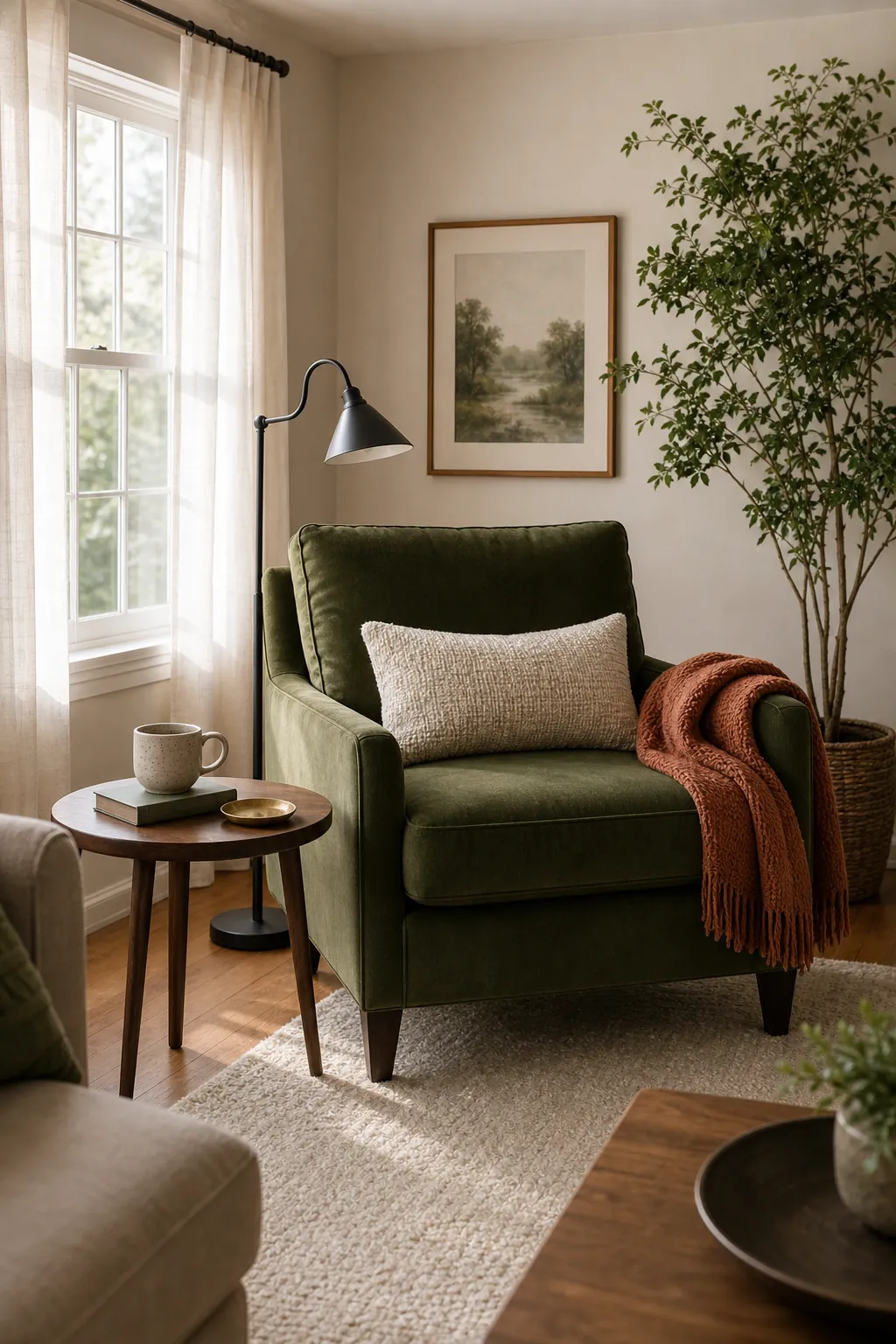 Deep olive green accent chair angled by a window with reading lamp, side table, cream pillow, and warm living room decor