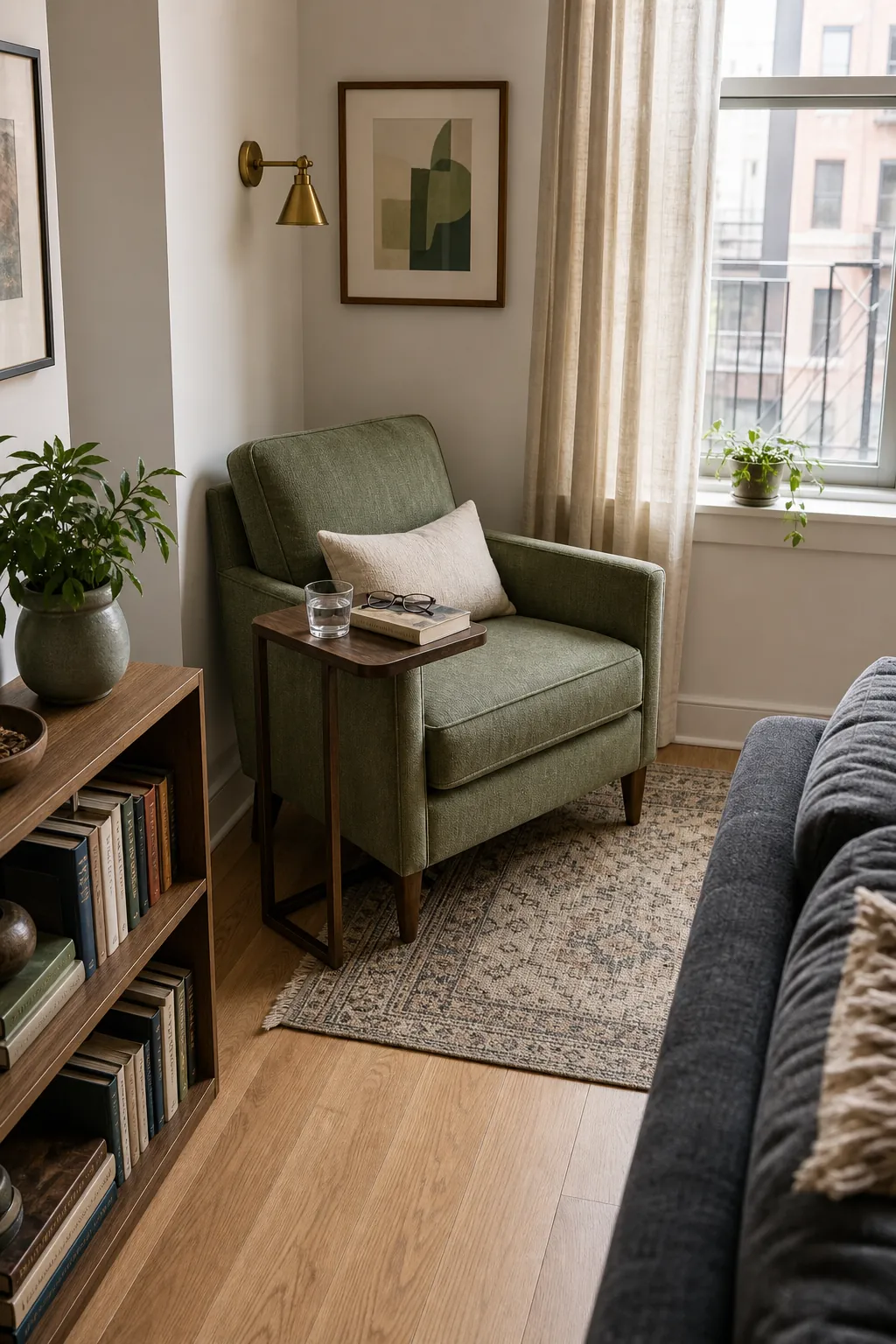 Sage green accent chair placed diagonally in a small living room corner with wall sconce and compact side table