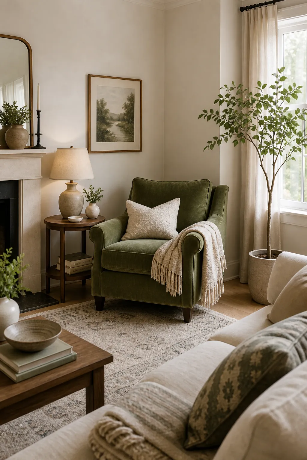 Olive green accent chair styled in a cozy living room corner with side table and warm neutral decor