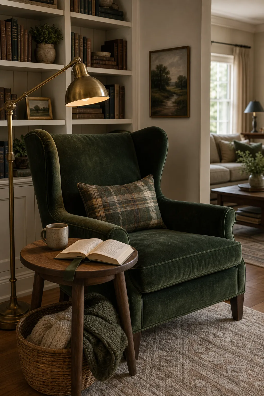 Forest green wingback chair arranged as a reading corner beside built-in bookshelves, brass lamp, and walnut side table