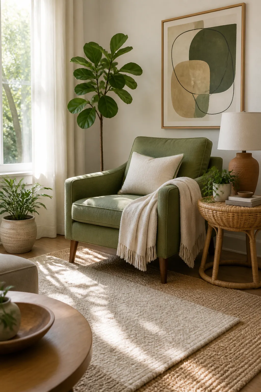 Fern green linen accent chair in a bright living room corner with rattan side table, plants, layered rugs, and natural decor