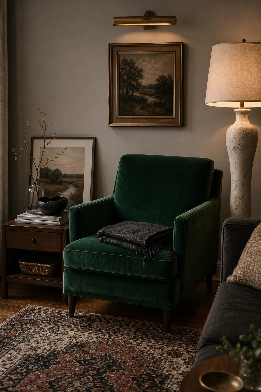 Emerald green velvet accent chair in a moody living room corner with vintage rug, walnut side table, and warm lamp light
