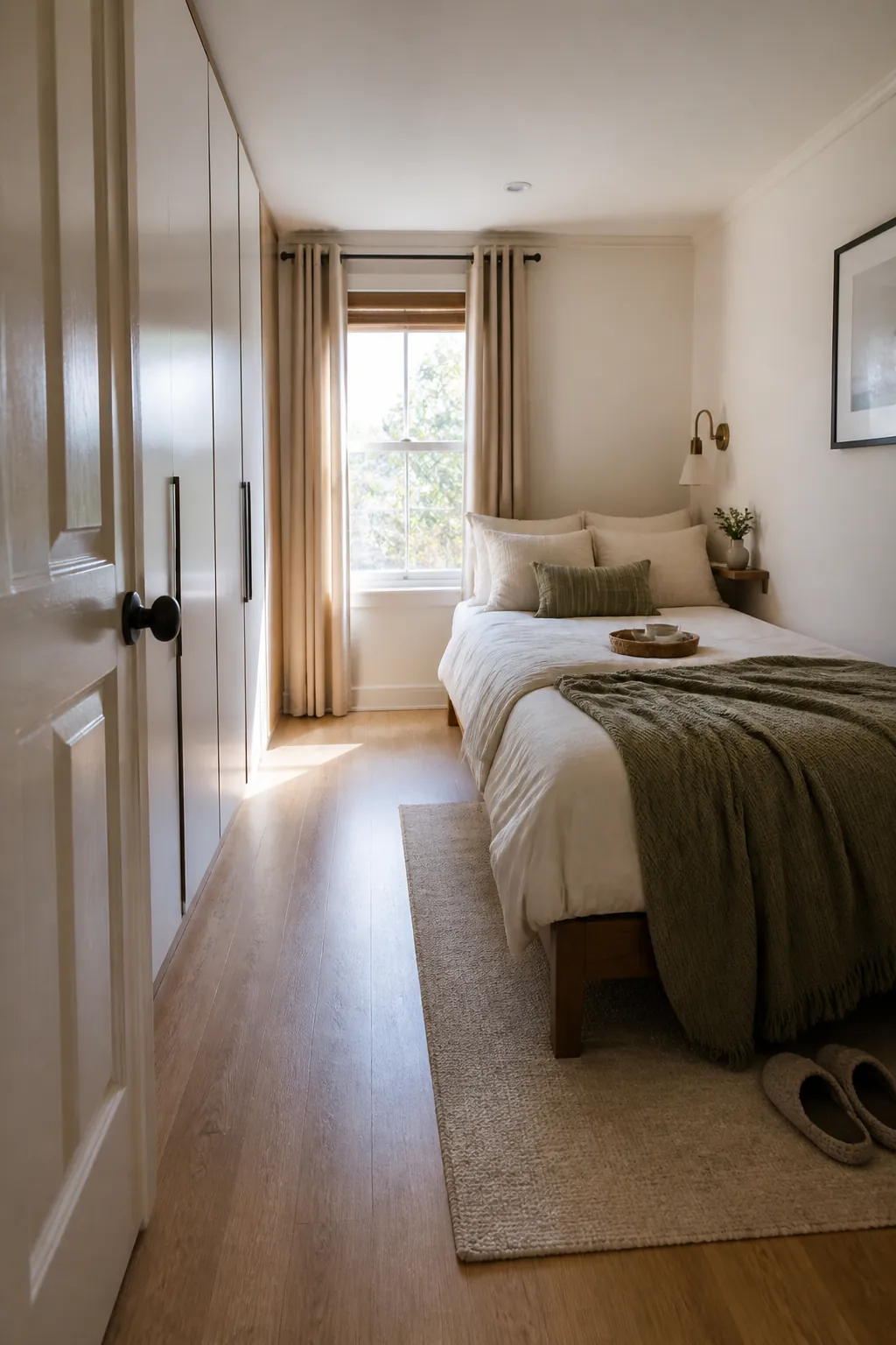 Narrow bedroom layout with a clear walking path beside the bed