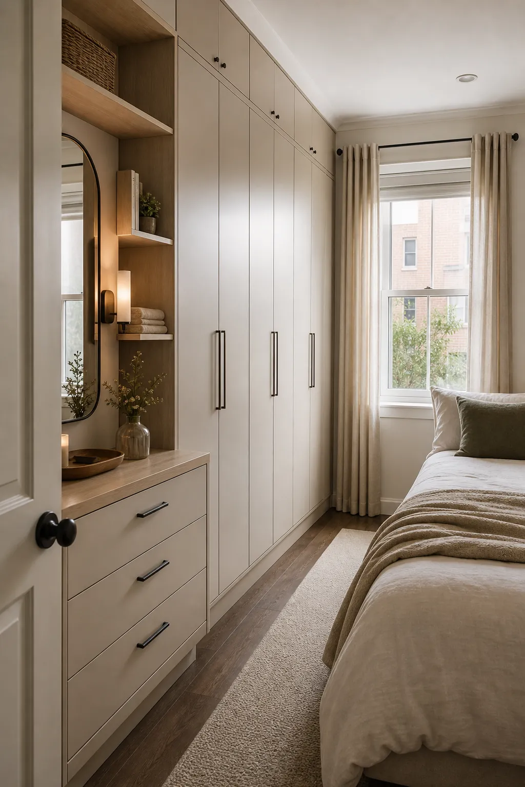 Compact bedroom with a single organized storage wall and slim dresser