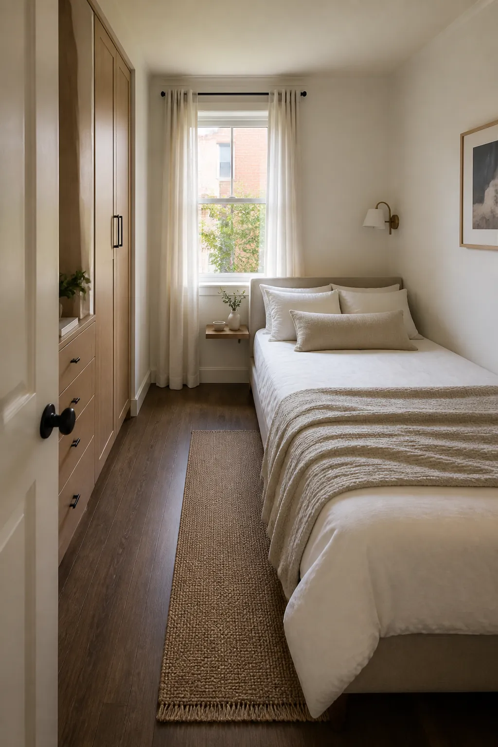 Bed placed against one wall in a narrow bedroom to improve bedroom flow