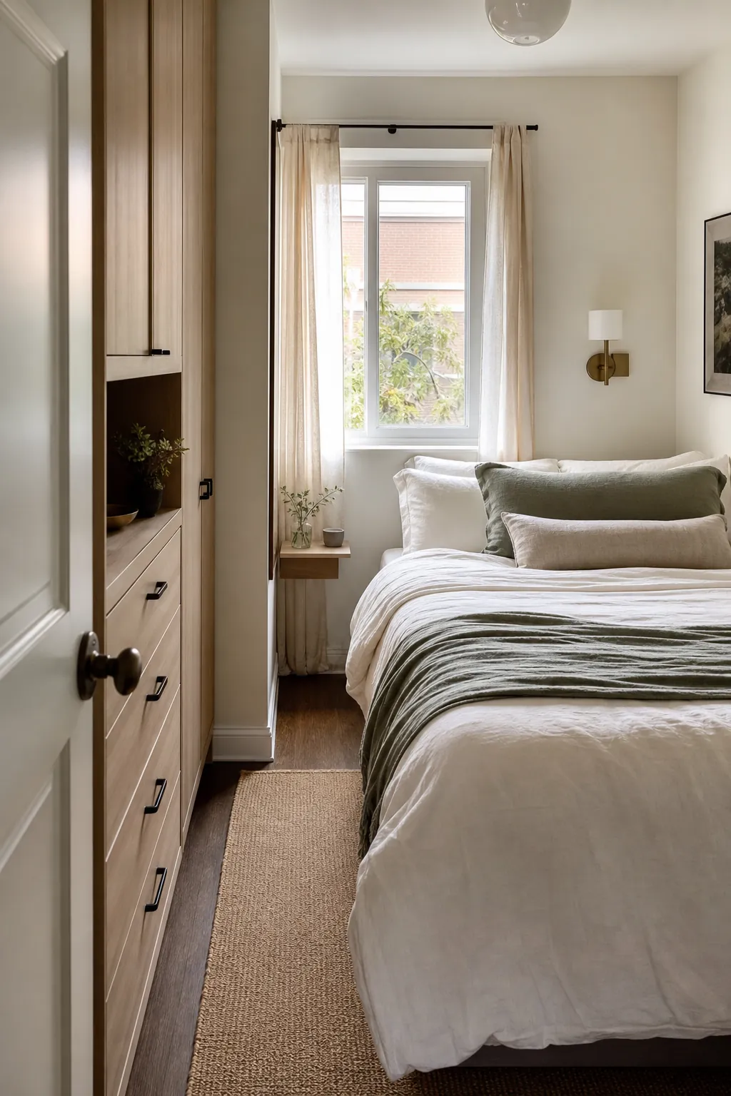 Narrow bedroom with calm layout, clear walkway, and smart storage