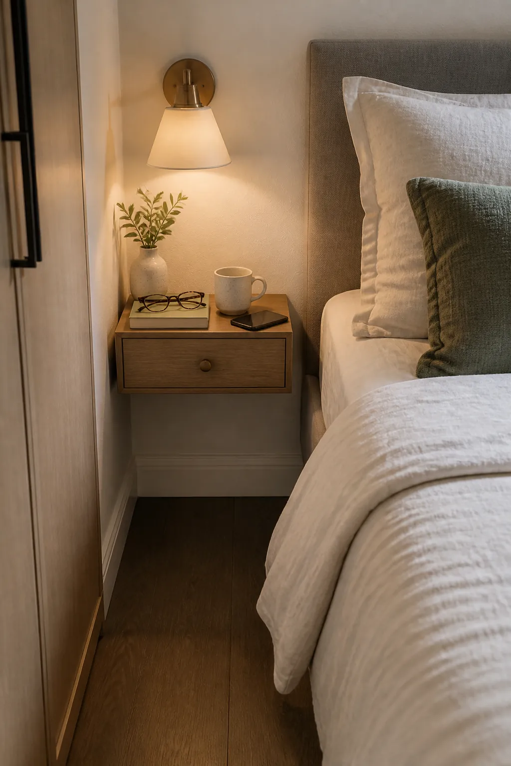 Wall mounted storage and sconce beside a bed in a compact bedroom