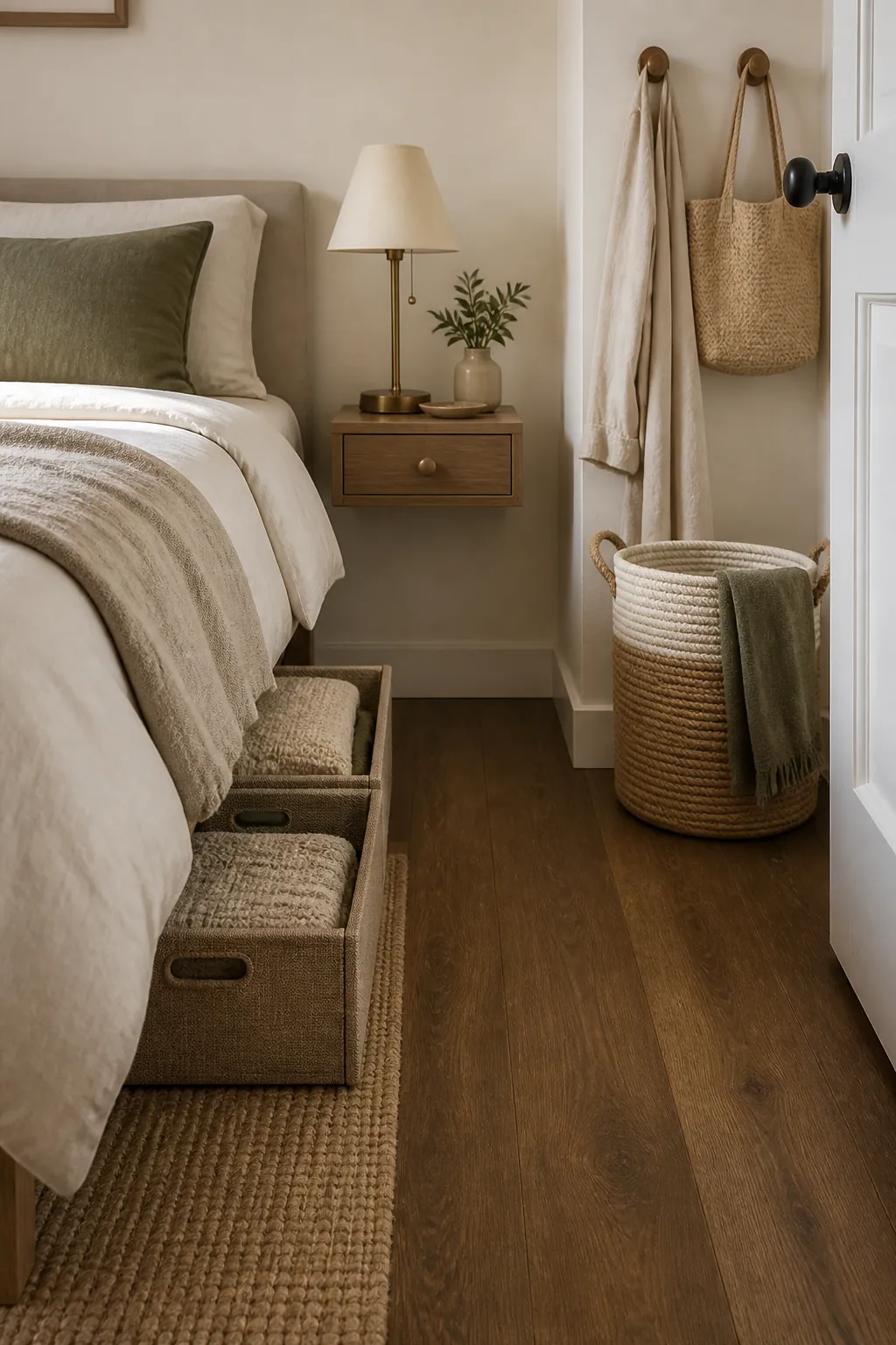 Organized compact bedroom details with under bed storage and clear surfaces