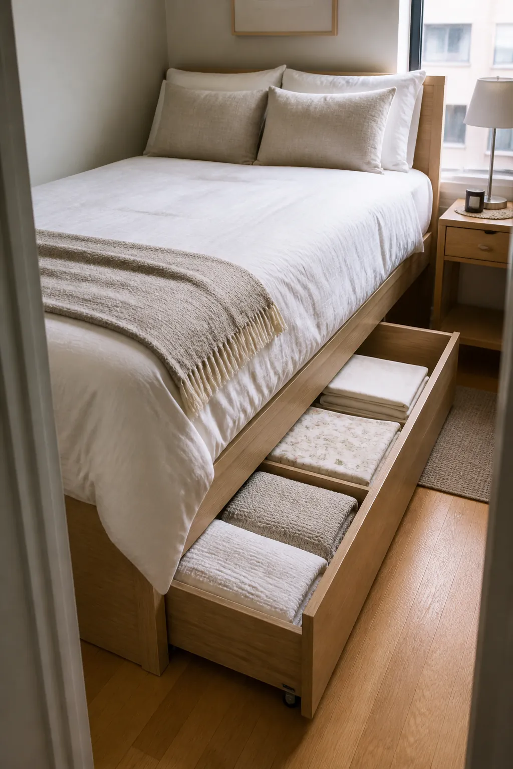 Closed under bed storage boxes keeping a compact bedroom visually calm