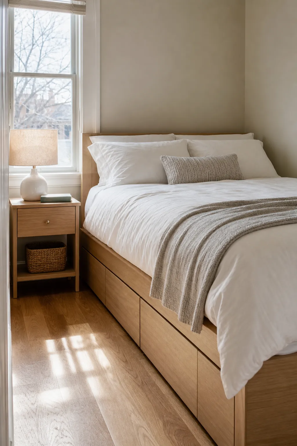 Small bedroom with clean under bed drawer storage for folded linens
