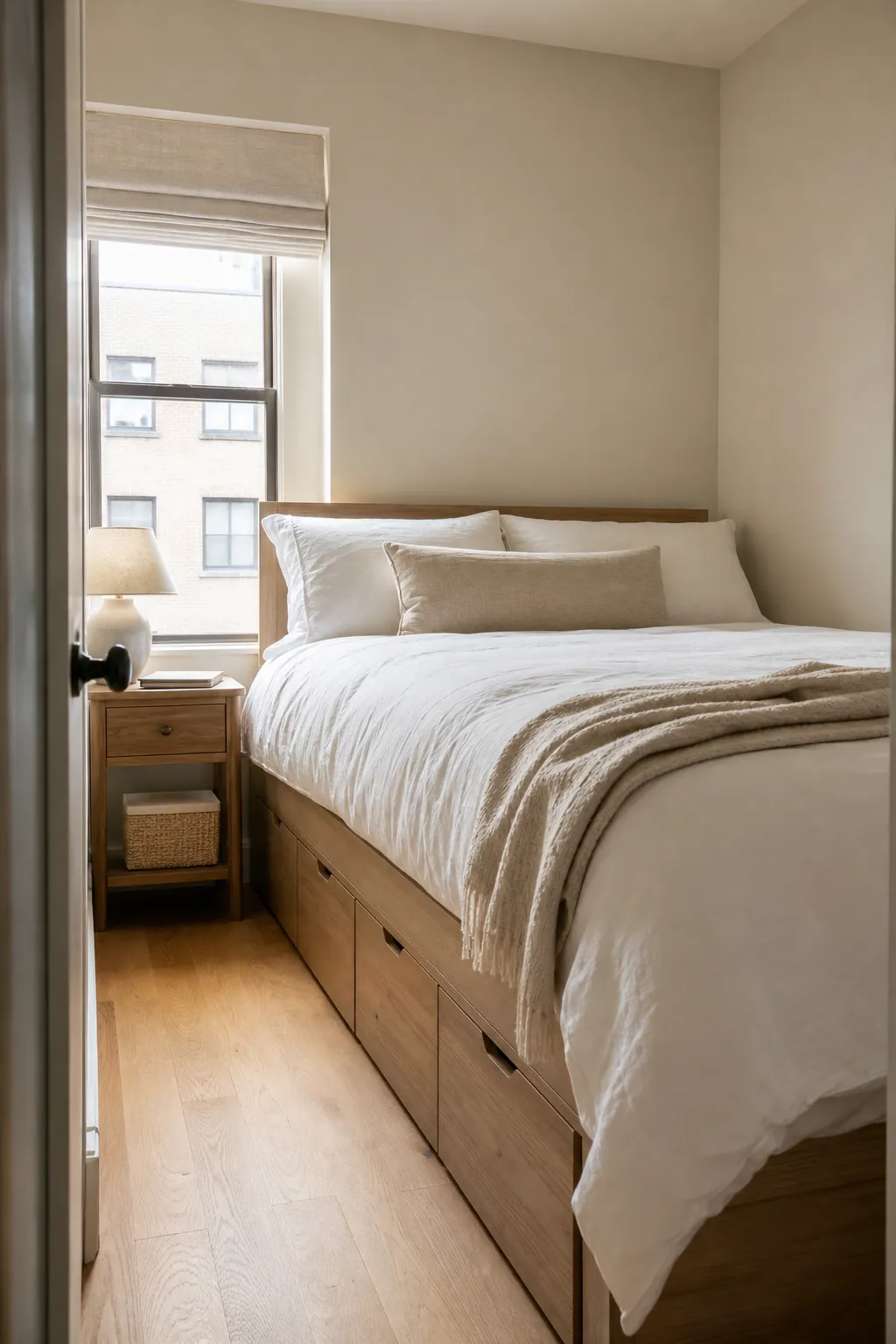 Clean small bedroom with hidden under bed storage