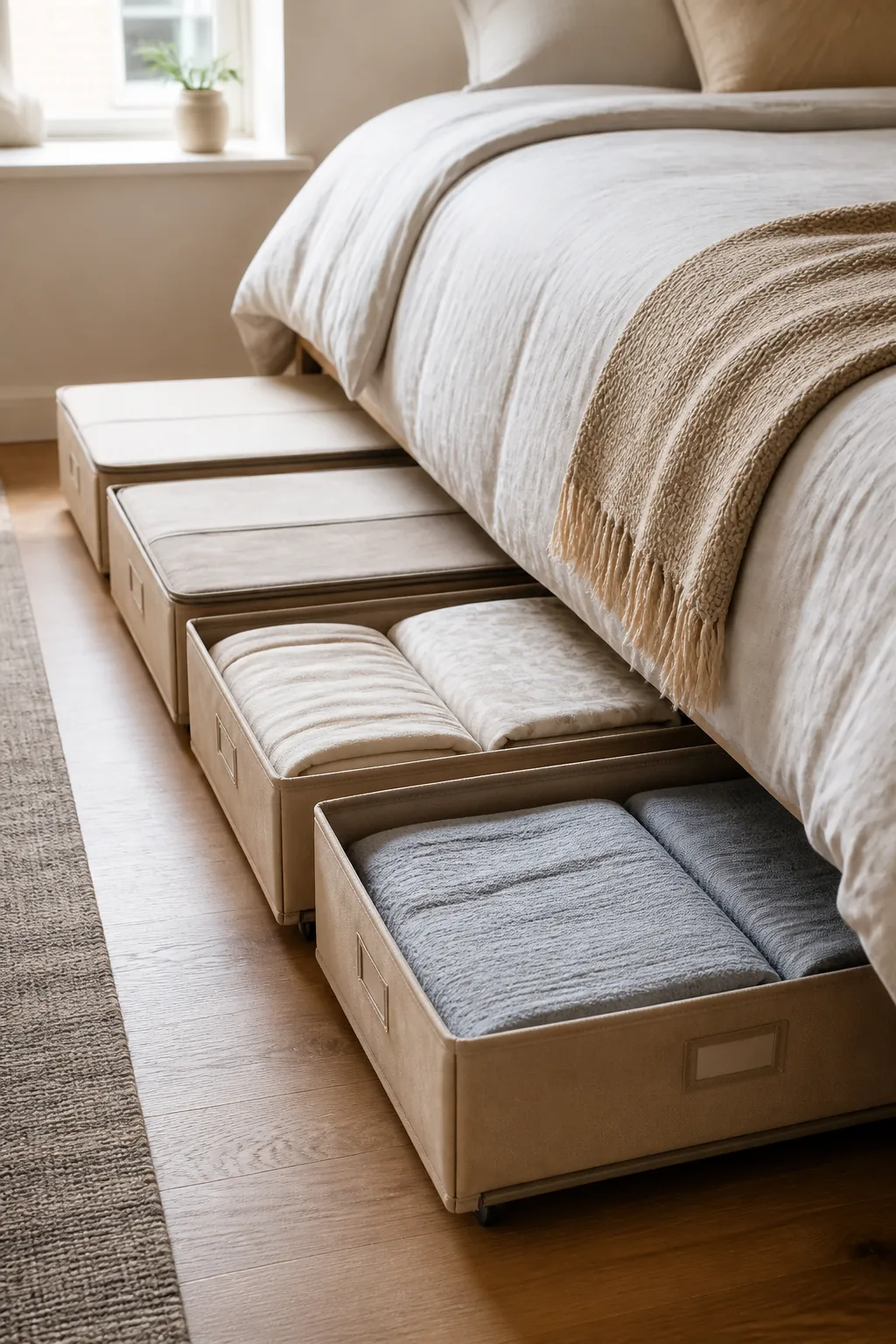 Labeled lidded under bed storage protecting bedding from dust