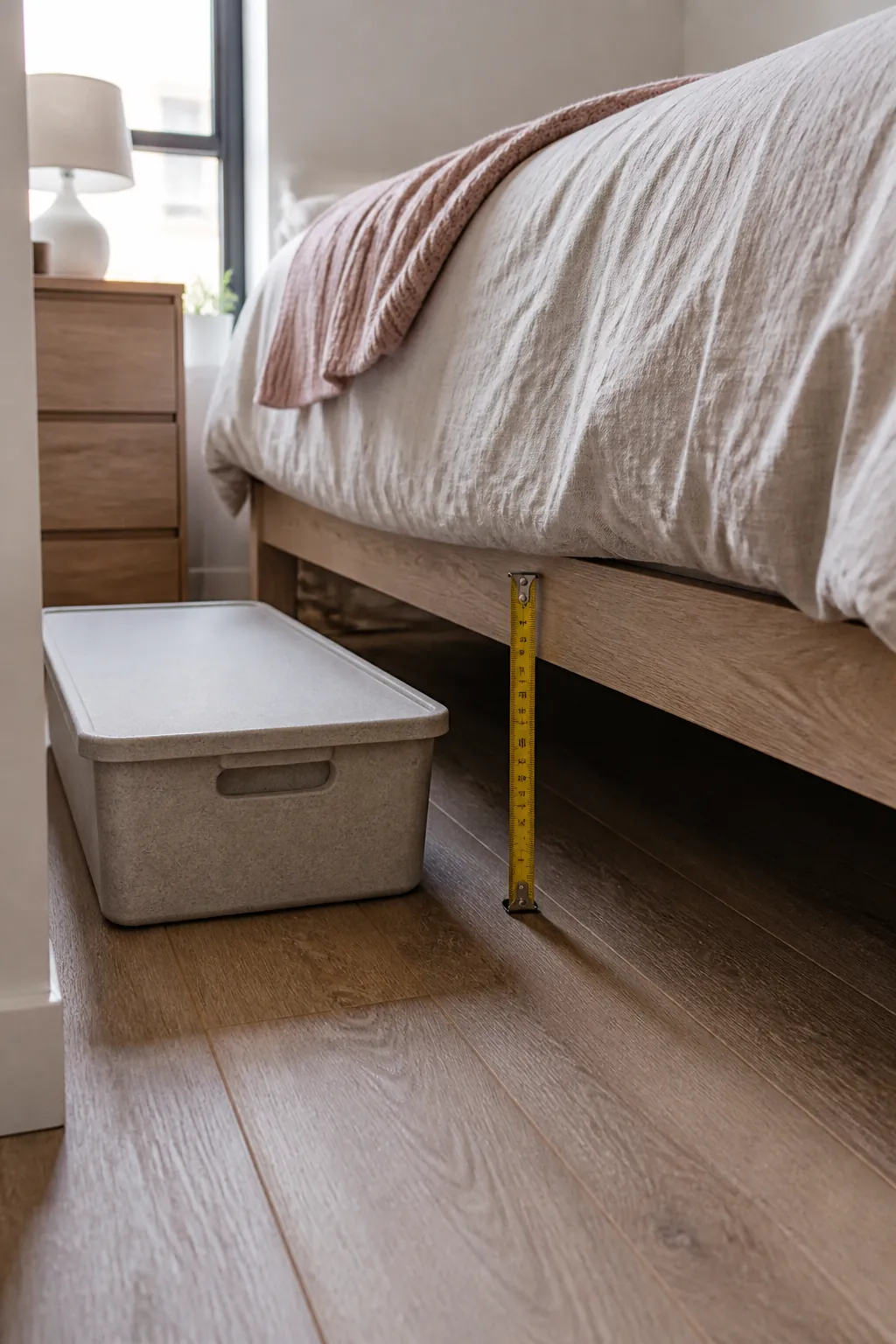 Storage bed with drawer access in a clean small bedroom layout