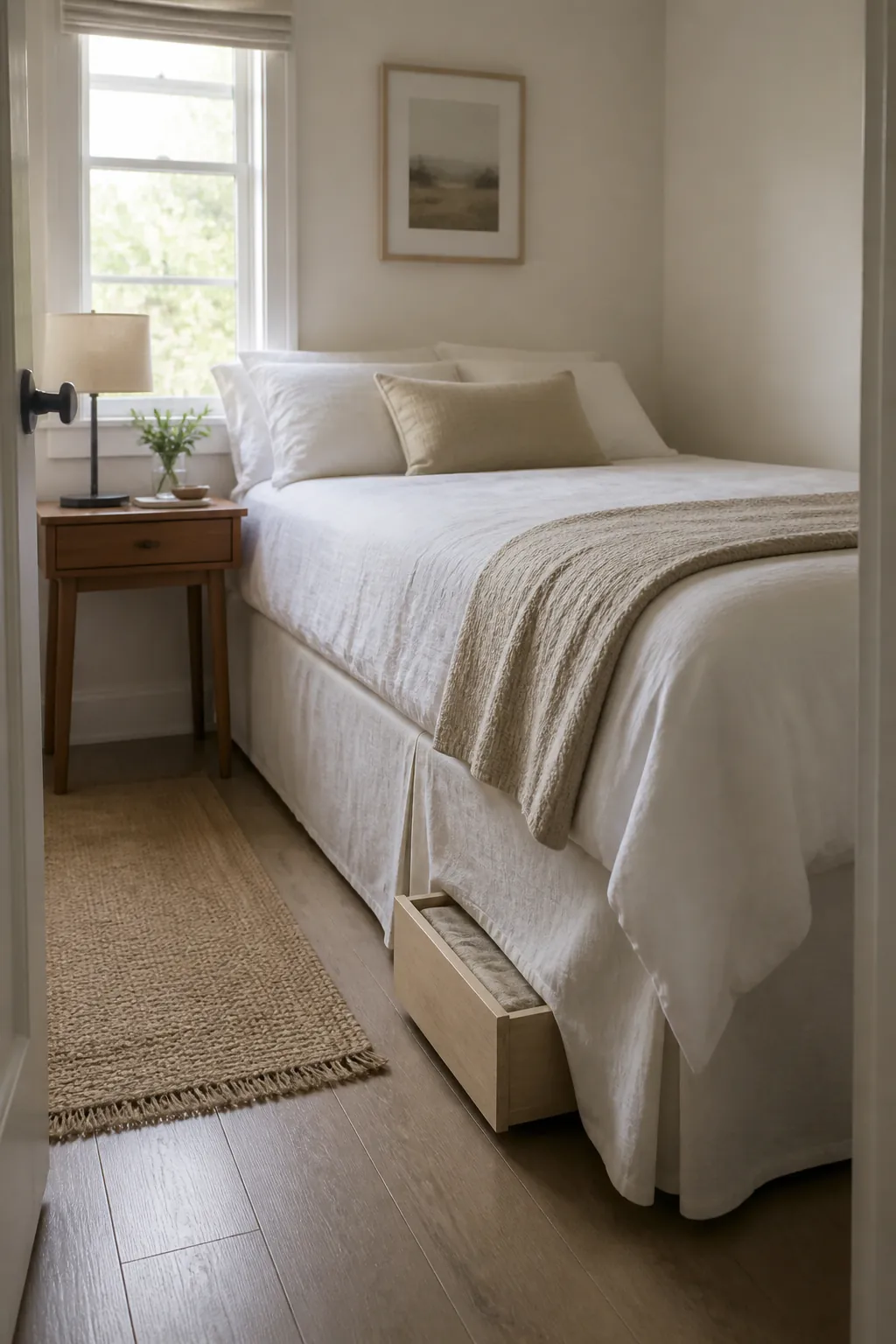 Tailored bed skirt hiding under bed storage in a clean small bedroom