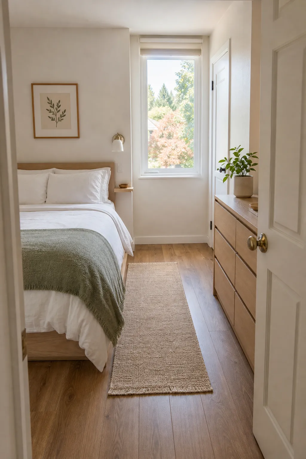 Small bedroom decor with a clear walkway beside the bed