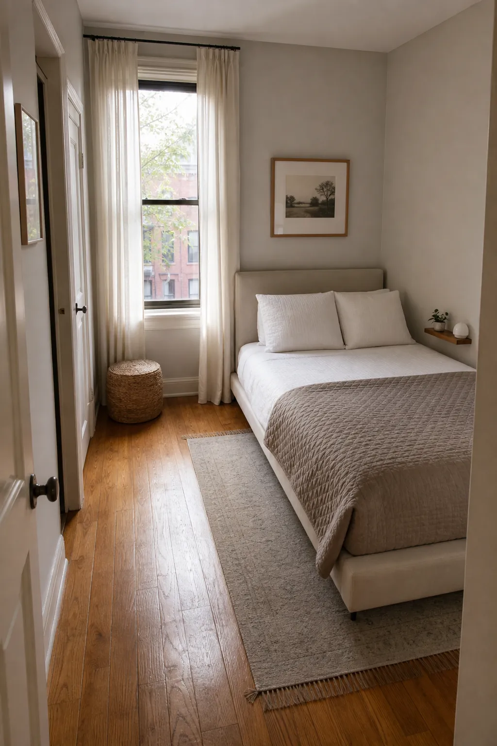 Small bedroom decor with open floor space and warm storage details