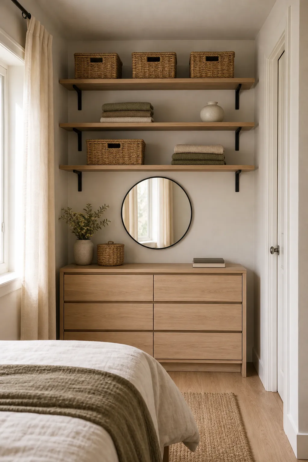 Vertical bedroom storage with floating shelves and closed baskets in a small room