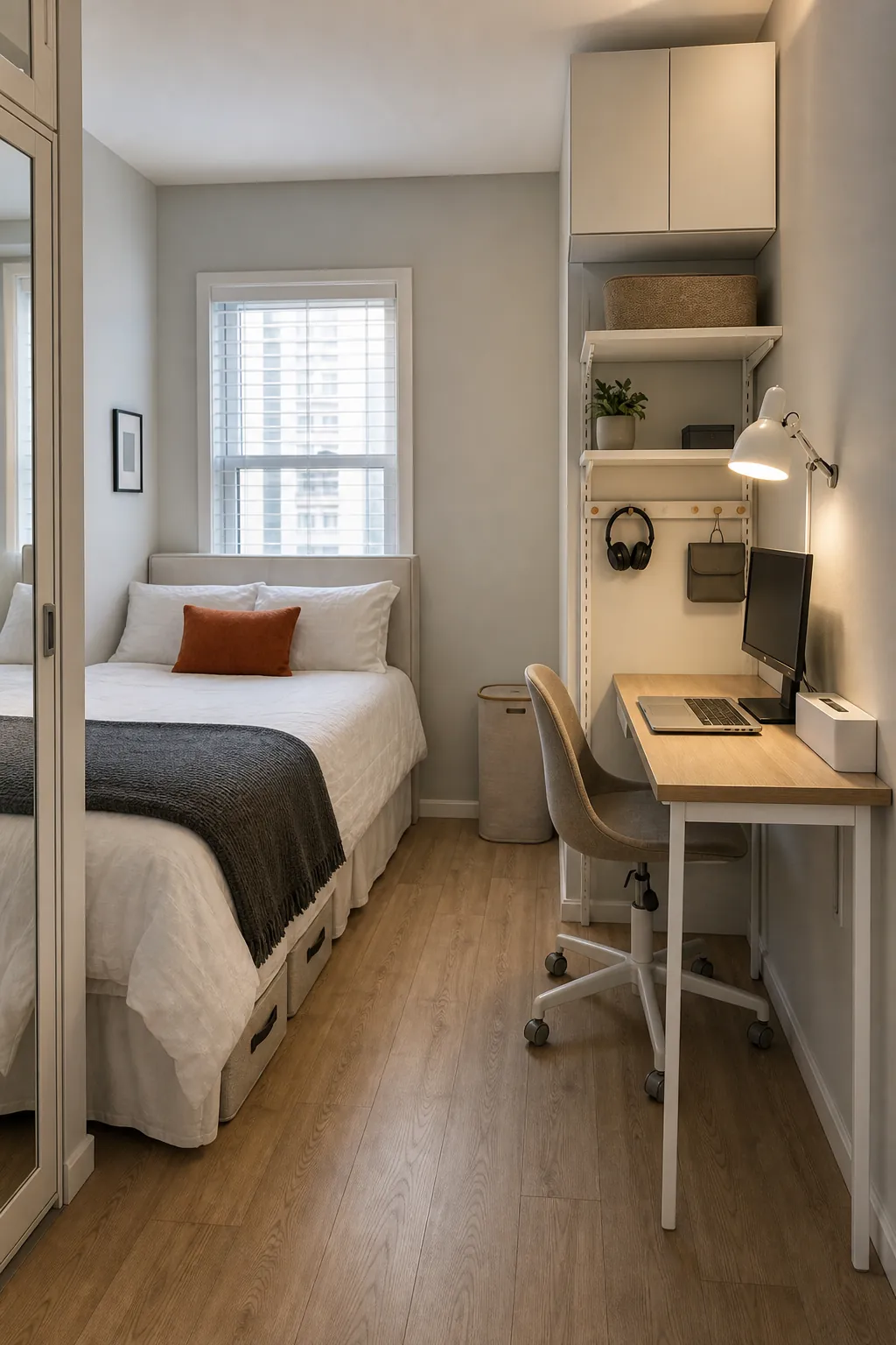 Minimal furniture in a compact bedroom with a desk used as a nightstand